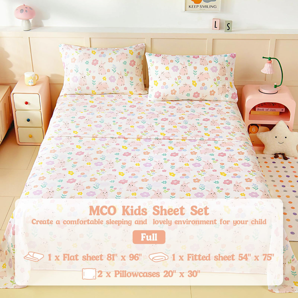 MCO Kids Full Size Bed Sheets, Soft Microfiber Full Size Sheets for Boy Girls, 4 Pieces Breathable Full Bed Sheet Rabbit