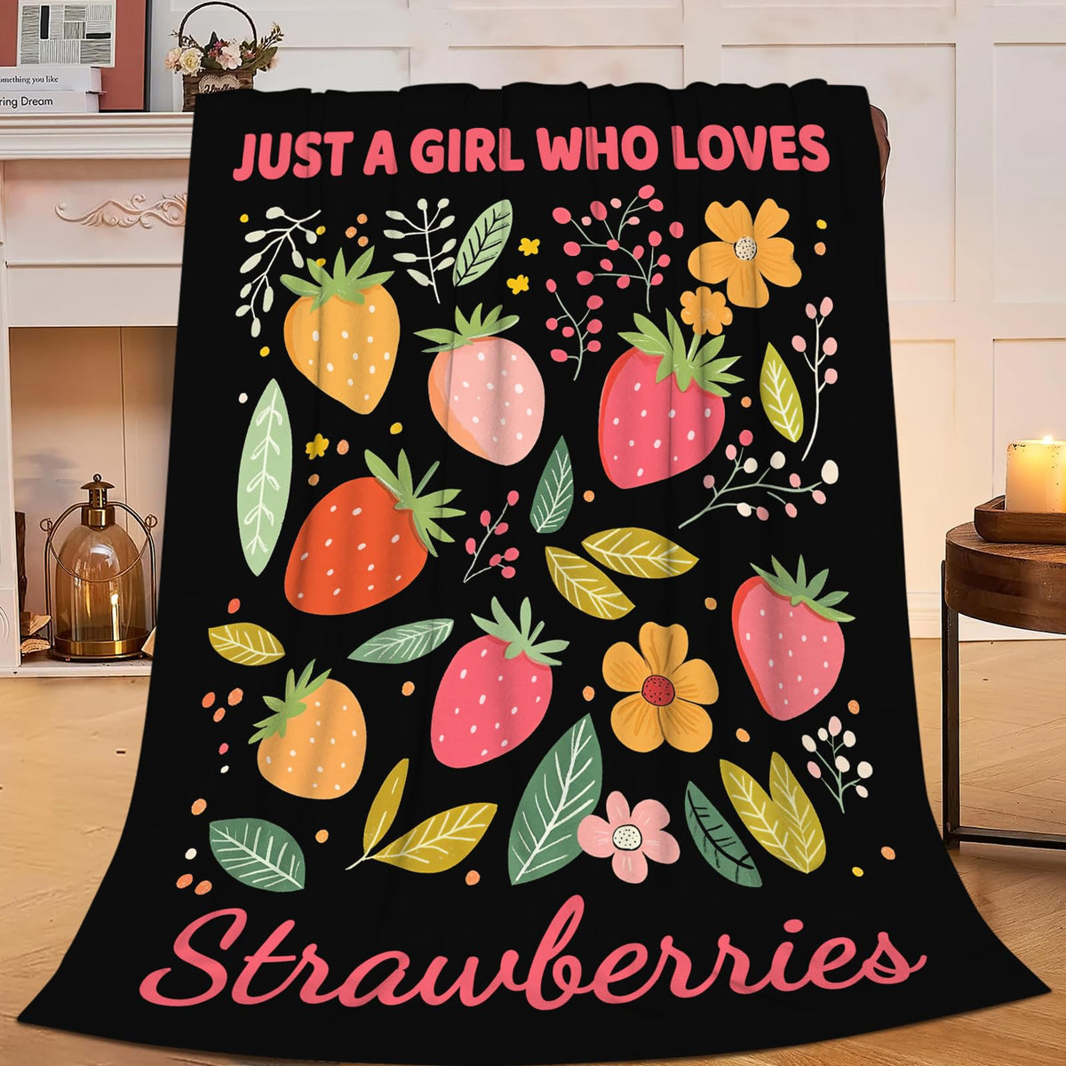 Lovira Just A Girl Who Loves Strawberries Throw Blanket Cute Strawberry Fruits Print Throw Blankets Gifts for Couch Sofa Bed Stuff Decor Soft Cozy Fleece Plush Warm Flannel Bedding for Lover 40"x50"