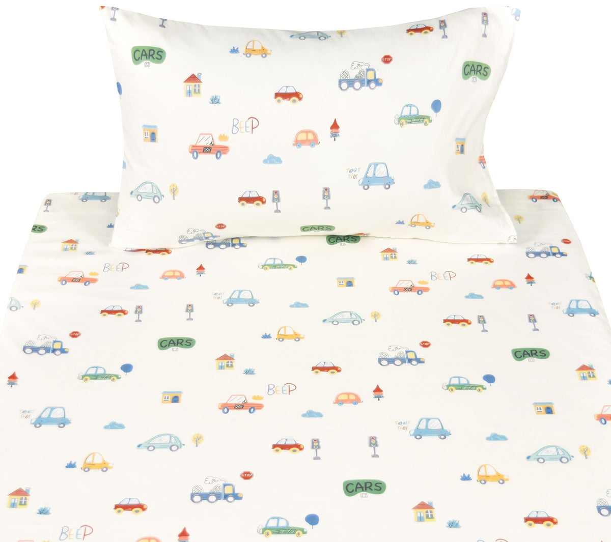 Scientific Sleep Family Vehicle Cars House Milky White Simple Gentle 3 Pcs Twin Bed Sheet Set 100% Cotton Flat Sheet & Fitted Sheet & Pillowcase Natural Bedding Set Kids Boys Girls (Motorcar, Twin)
