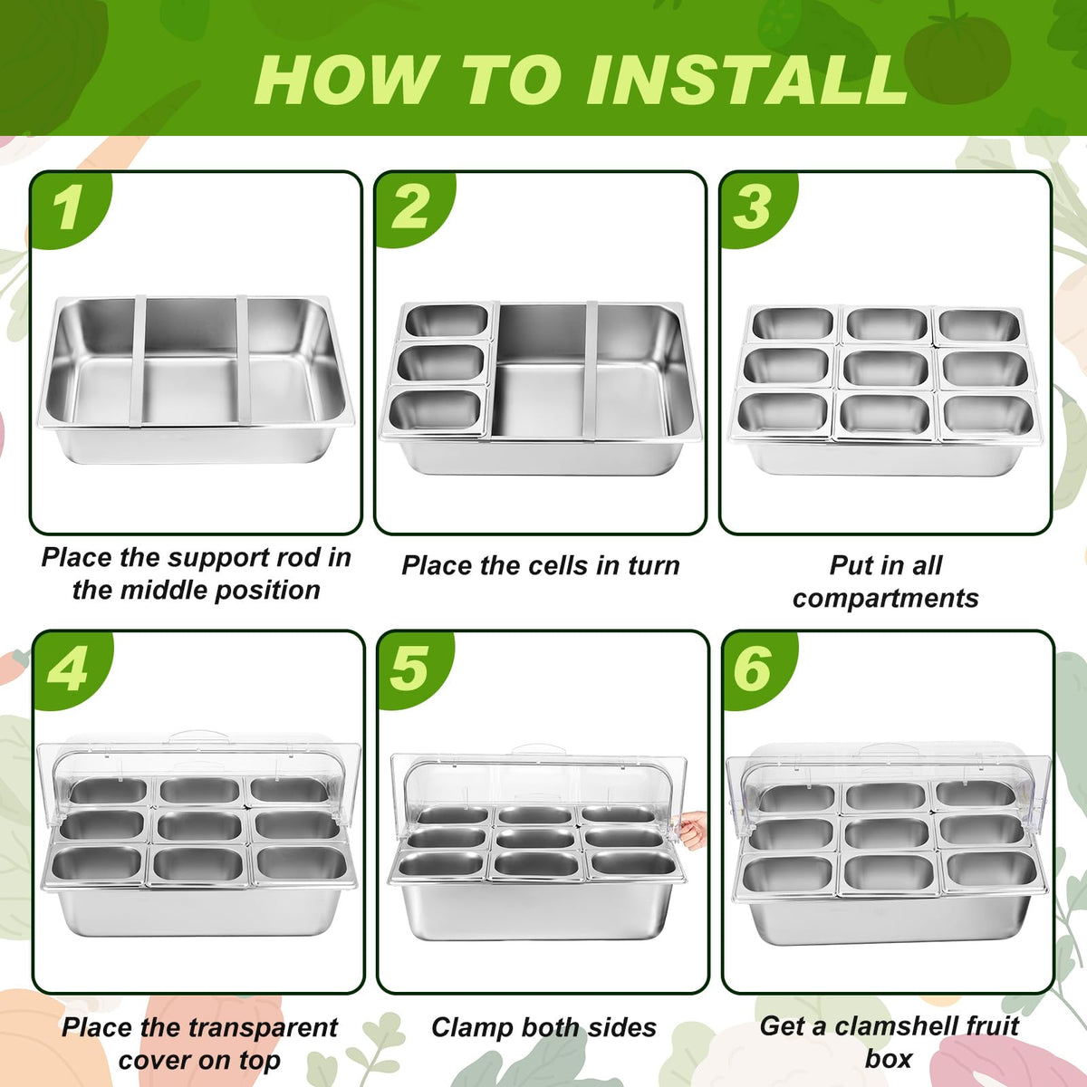Condiment Tray Stainless Steel Serving Display Set with Lid for Buffet Restaurant Kitchen, Food Chilled Container for Salad Fruit Condiments, Keeps Food Fresh with Ice Box(9 Compartments)