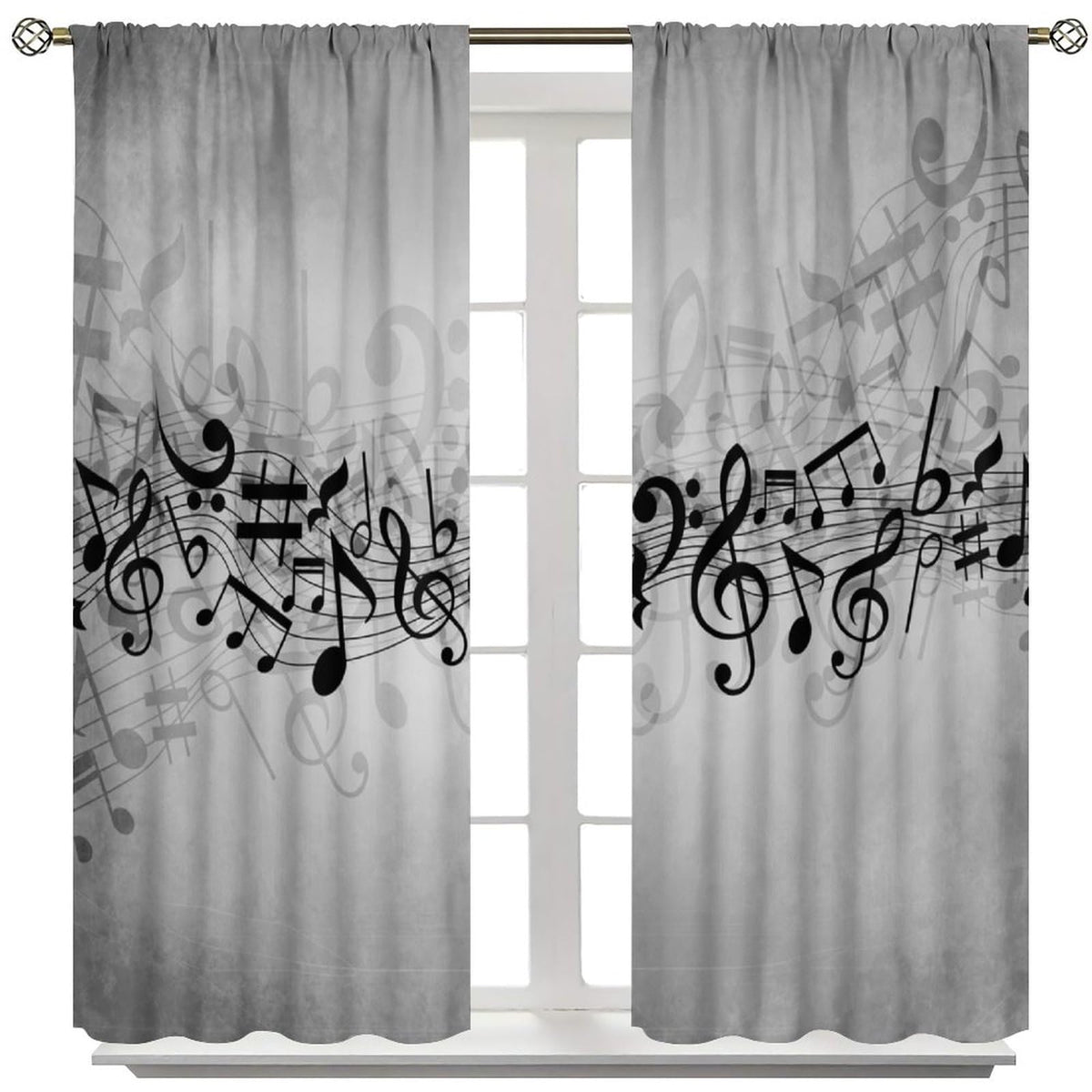 Djaby Music Notes Curtain, Musical Notes Rhythm of The Song Curtain Black and White Singing Clef Ornamental Window Treatments for Bedroom Living Room Home 42" W X 45" L(No Blackout)