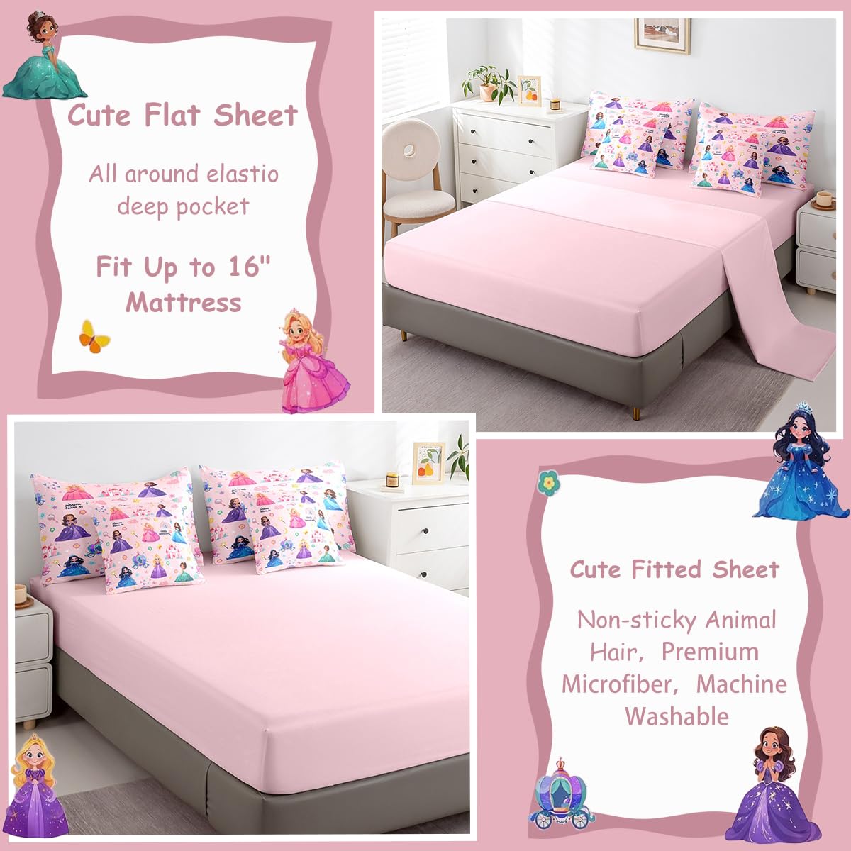 jejeloiu Kids 7 Piece Princess Bedding Set Twin Size Pink Castle Bed Set Includes Comforter, Sheet Set, Pillowcases & Pillow Covers Bedroom Decor Fairy Dreamy Bed in a Bag Breathable Soft