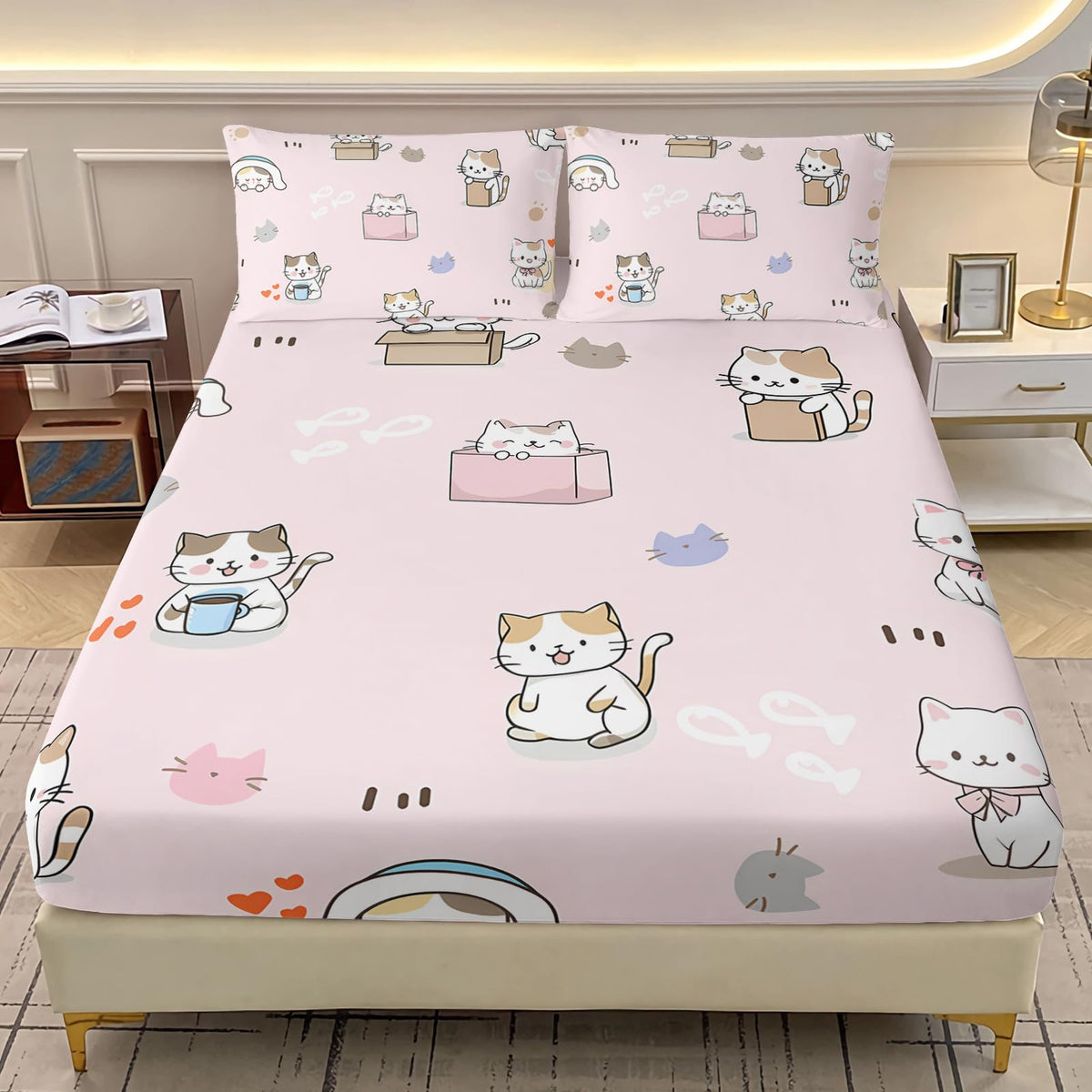 AILONEN Sticker Cat Twin Fitted Sheet Set, 3 Piece Microfiber Bedding Pack with 2 Pillowcases, 16 Inch Deep Pocket, Cute Animal Room Style