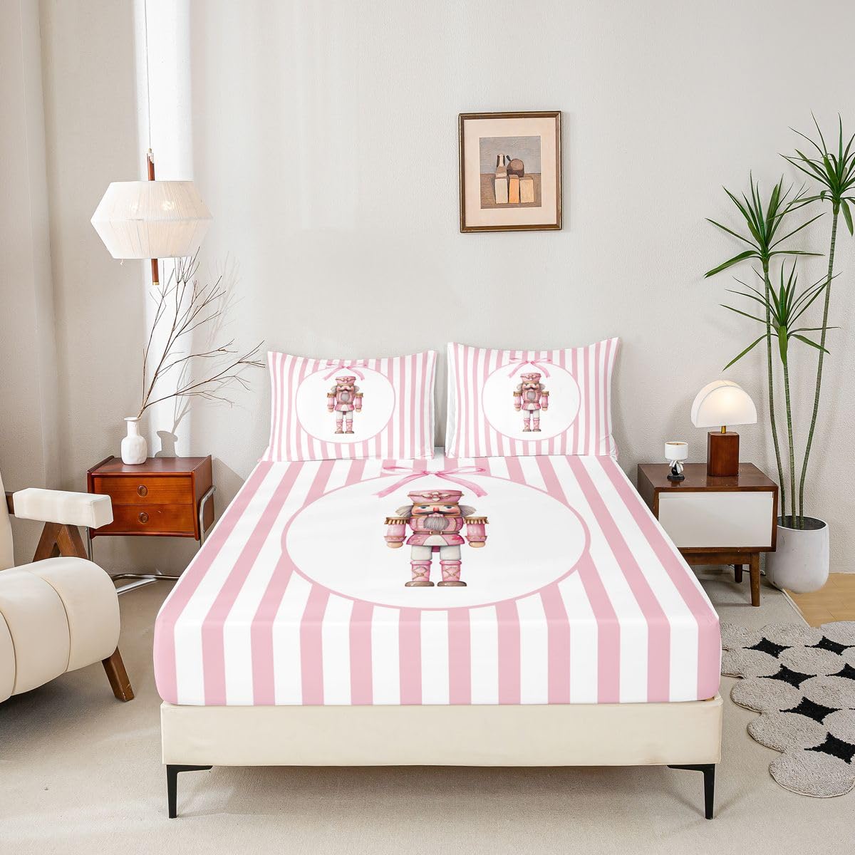 Manfei Nutcracker Kids Full Size Fitted Sheet,Christmas Lovely Bowknot Boys Girls Bed Sheets,Winter Xmas Holiday Stripes Room Decor,Pink White Bedding Set,2 Pillowcases(No Flat)