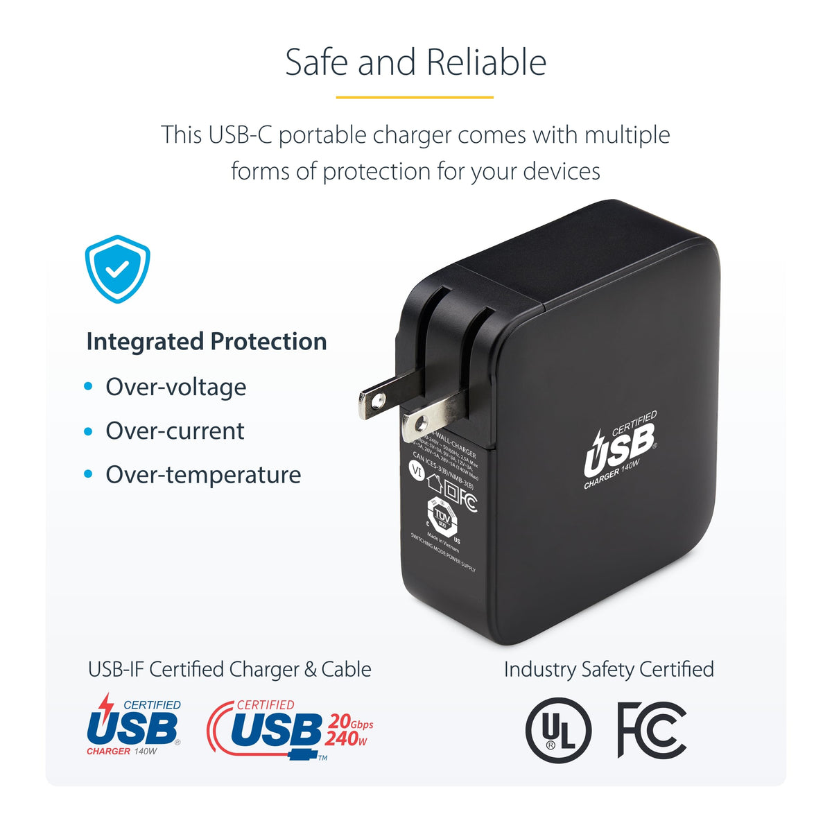 StarTech.com 140W USB-C Wall Charger, USB-IF Certified, Single USB-C, PD 3.1 Portable GaN Charging, Power Adapter for MacBook M3 Pro/Max, Dell XPS/Inspiron/Precision
