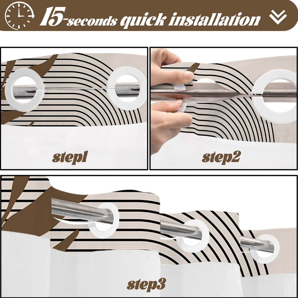 Hookless Shower Curtain with Snap-in Liner, Brown and Beige, 71" W x 74" L