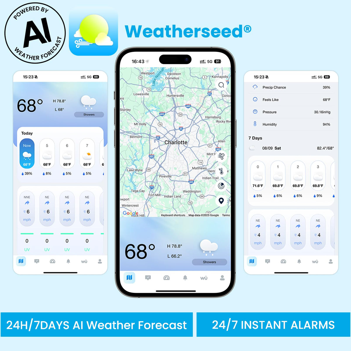 Sainlogic 14-in-1 WiFi Weather Station – 24/7 AI Forecast by Weatherseed®, Rain Gauge, Wind Speed, UV Sensor, Humidity, Moon Phase, Alarm & Alerts, 2-Year Data Export