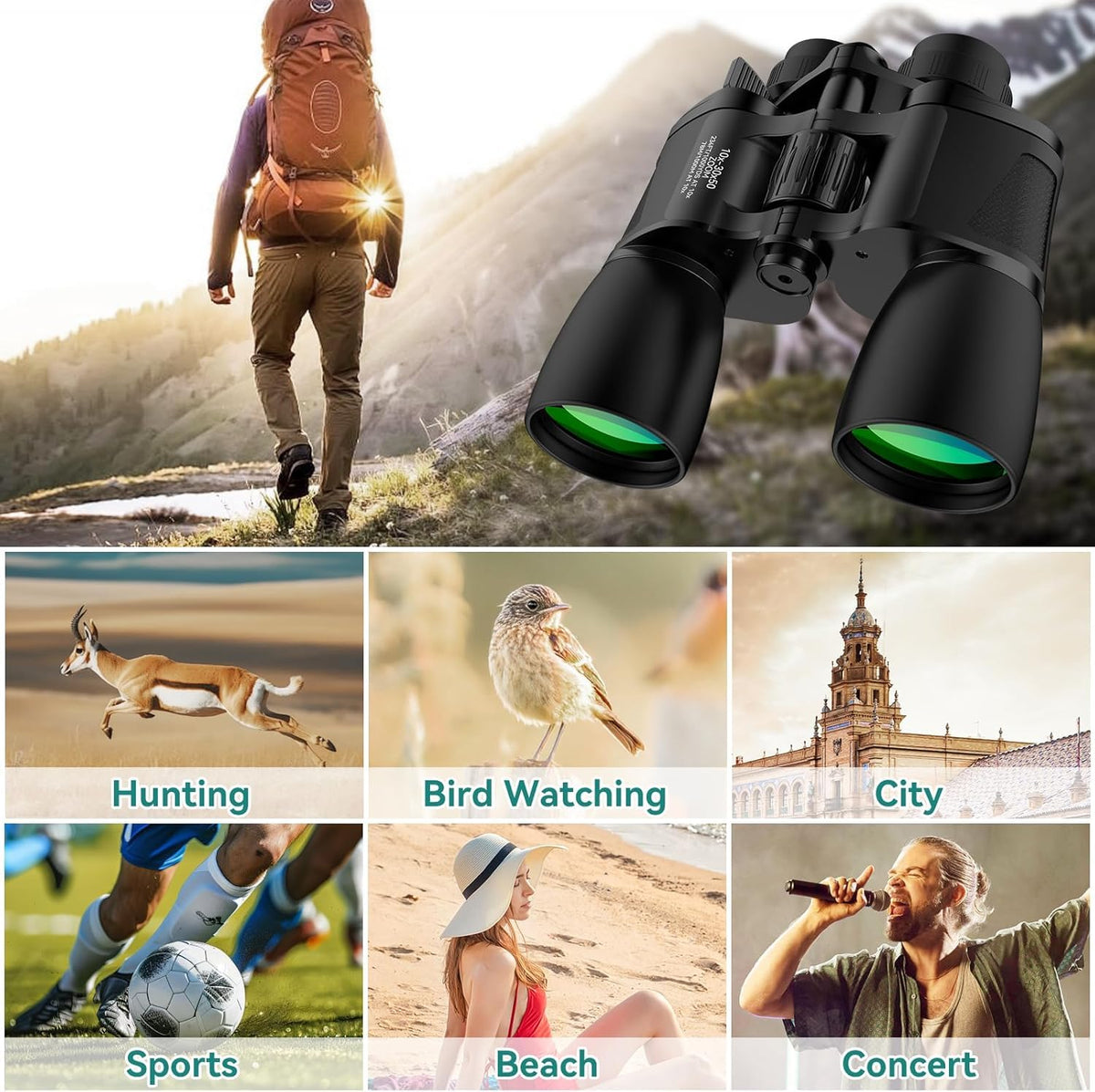MLight 10-30X50 Zoom Binoculars for Adults, High Powered Military Binoculars for Bird Watching, Hunting, Outdoor, Hiking, Concerts Large View, Waterproof, BK7 Prism, FMC Lens, Low Light Night Vision