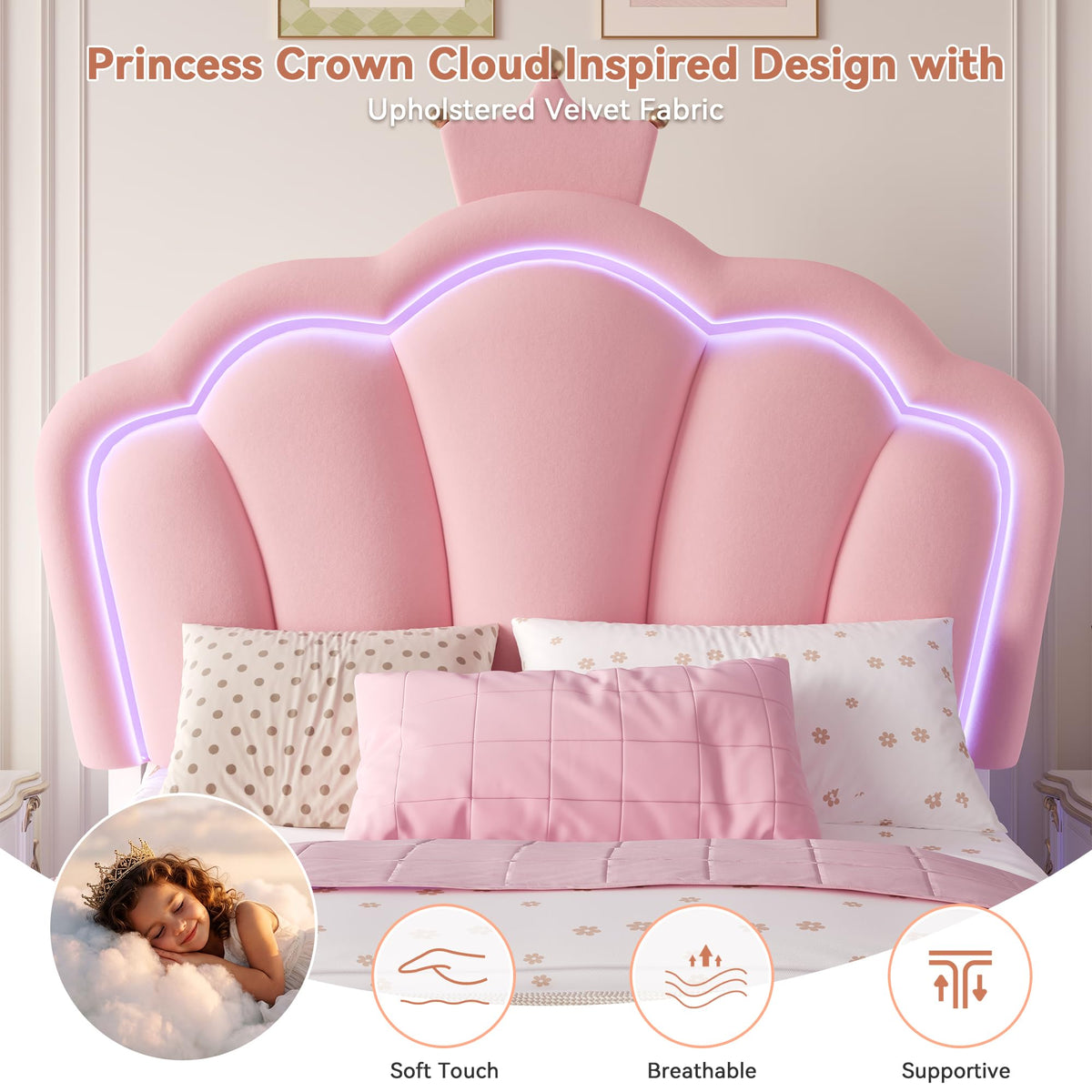Keyluv Twin Floating Bed Frame with Led Lights & Charging Station, Princess Bed with Storage Bookcase Headboard, Velvet Upholstered Platform Bed with Cloud-Shaped Footboard for Girls, Noise free, Pink