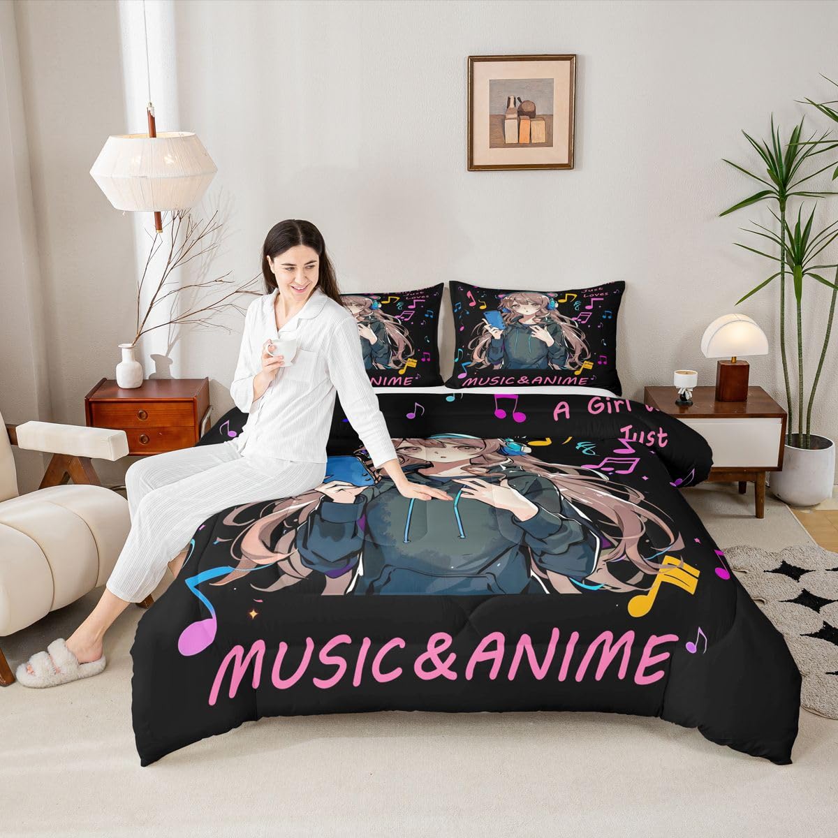 Erosebridal Pink Anime Girl Full Bedding Set,Music Note Comforter Set Anime Gifts for Kids Teen Girls,Musical Themed Quilt Bed Set Japanese Anime Bedding Comforter Sets,2 Pillowcases Room Decor