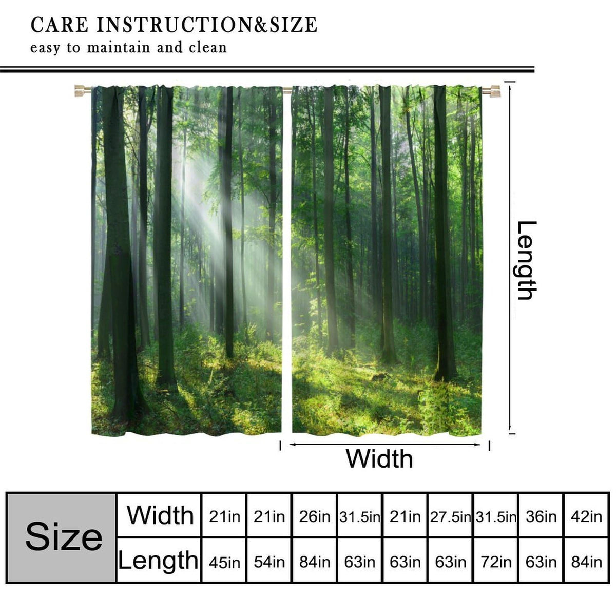 Green Misty Forest Curtains Nature Sunshine Sunlight Through Trees Leaves Natural Forest Woodland Landscape for Bedroom Living Room Rod Pocket Decoration Window Drapes 2 Panels W21xL63i W21xL45in