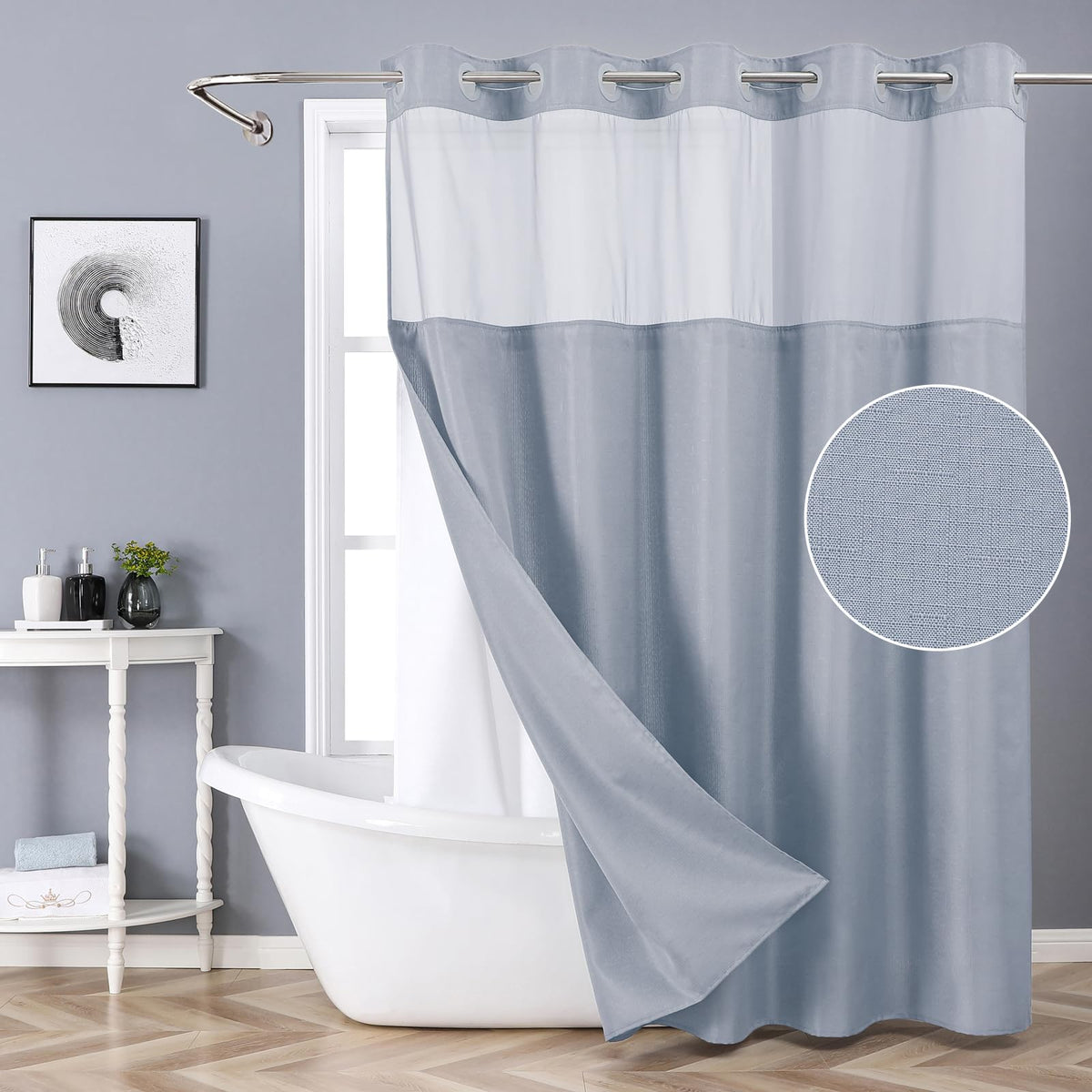 eachope Extra Long No Hook Shower Curtain with Snap-in Fabric Liner Set,Slub Textured Fabric Shower Curtains for Bathroom,Hotel Style Modern Shower Curtain,Water Repellent & Washable,71x86(84),Blue
