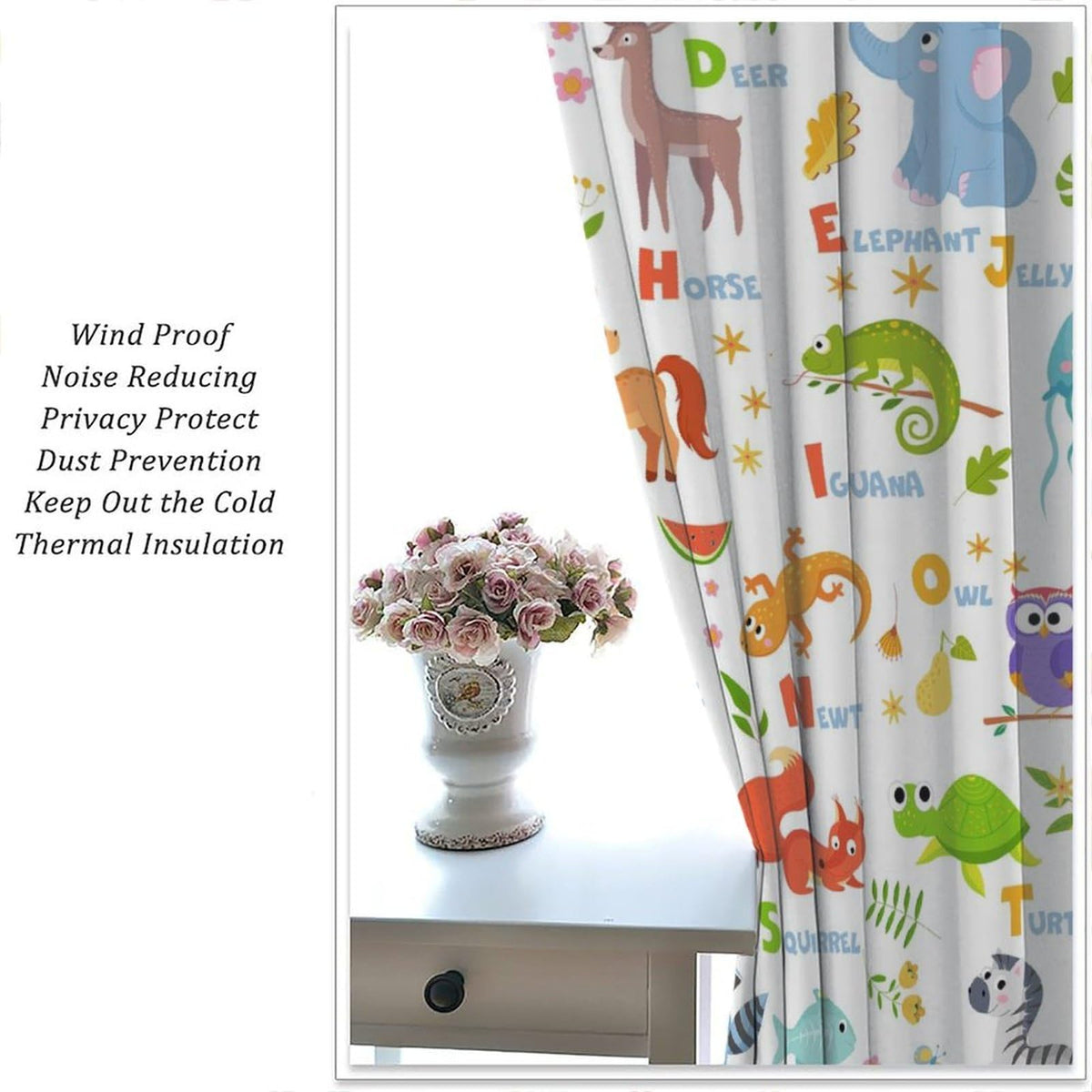 Learning Education ABC Curtains for Kids,Cartoon Watercolour Animals Plants Flowers Toddlers Alphabet Learning Plants Fruits Window Drapes for Boys Girls Baby Nursery Bedroom 42x45in（No Blackout）