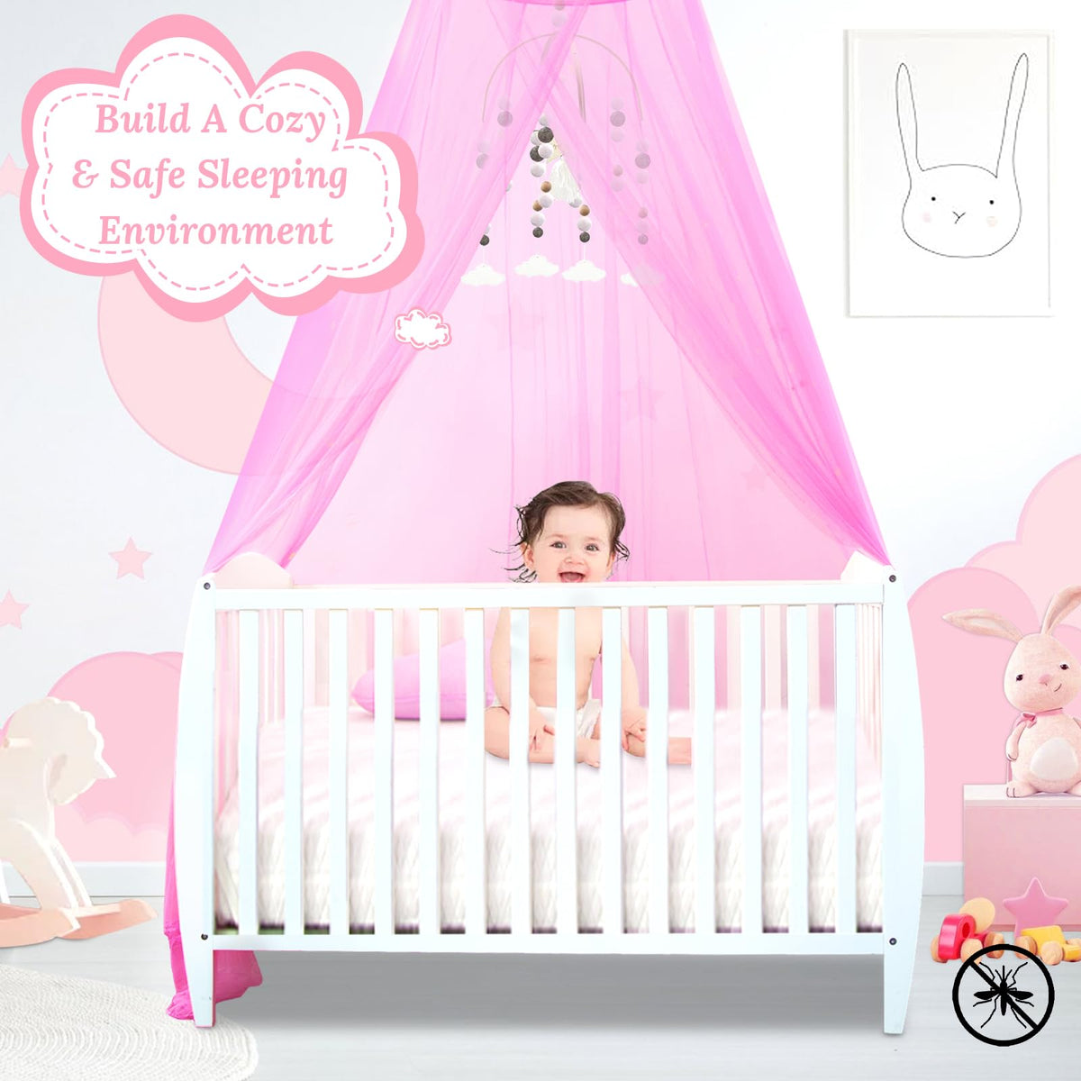 South to East Pink Bed Canopy for Girls, Princess Bed Canopy for Kids Room, Mosquito Net Canopy Girls Beds, Fire Retardant Fabric