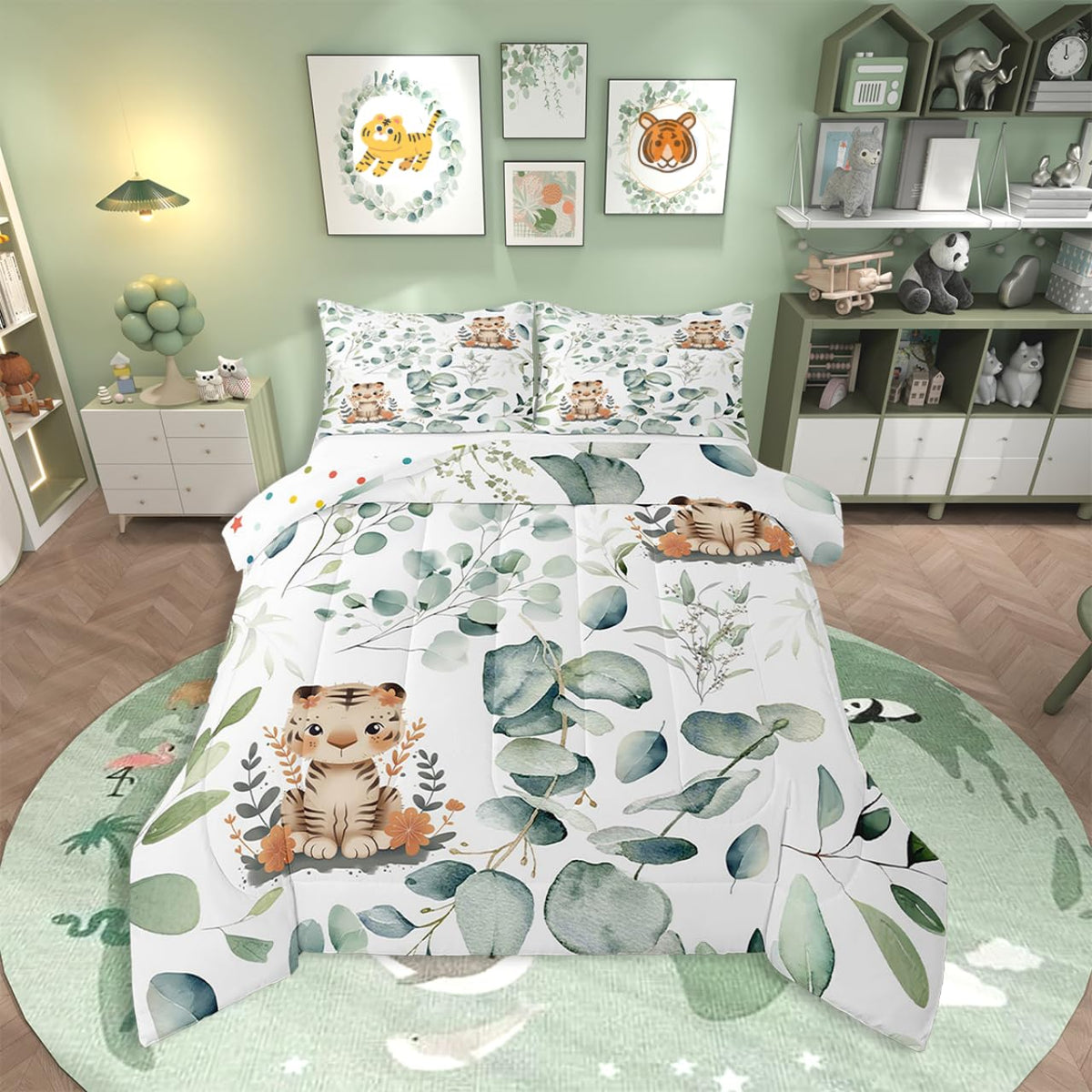 Erosebridal Kids Cute Animal Twin Comforter Set for Girls Boys Cartoon Tiger Bedding Set Twin, Spring Eucalyptus Bedding Comforter Sets Leaves Duvet Set, Kawaii Jungle Animal Quilted Comforter
