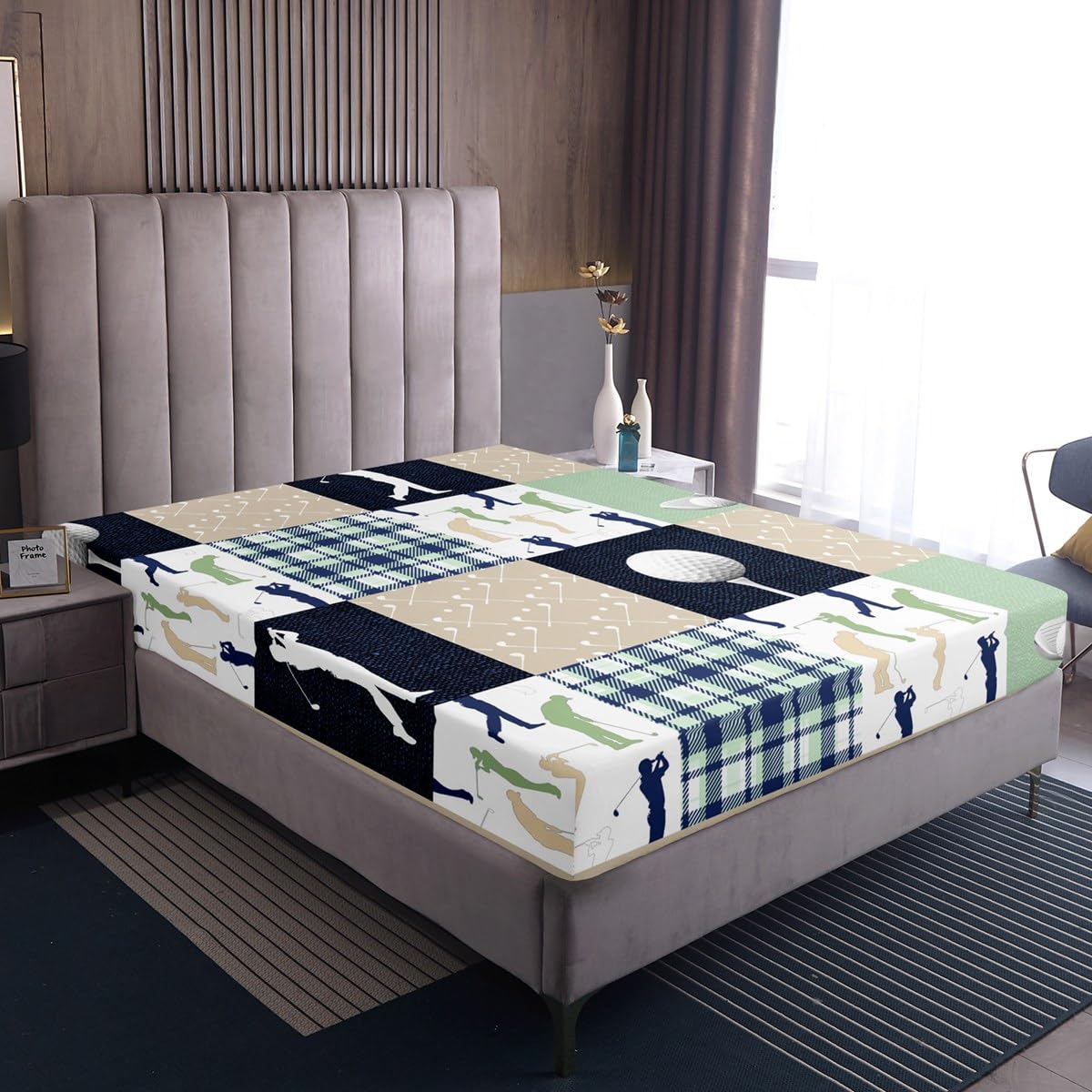 Castle Fairy Golf Plaid Bed Sheet Set Twin Size,Kids Ball Sports Lover Style Sheet Set Room Decor,Green Buffalo Grid Geometric Bedding Set for Boys Teens,(1 Fitted+1 Flat+1 Pillowcase)