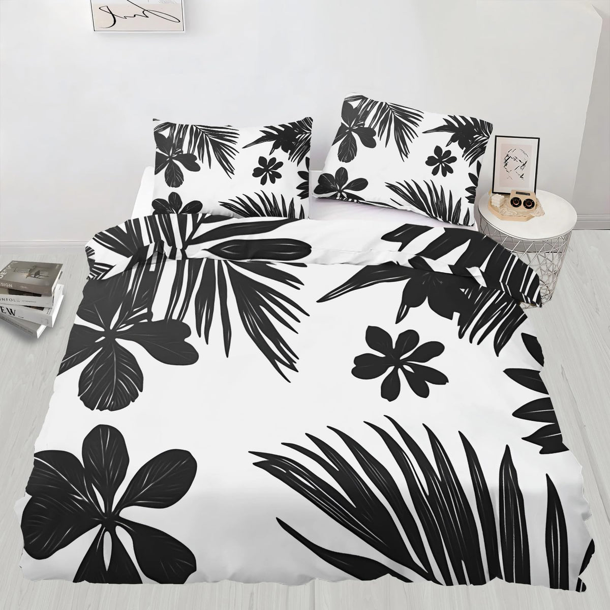 GKPLY Tropical Leaves Bedding Duvet Cover, Black Botanical Comforter Set with Zipper, Black and White Duvet Cover Twin, 3 Pieces with 2 Pillowcases, Reversible Bedding & Bedroom Decor, Easy Care
