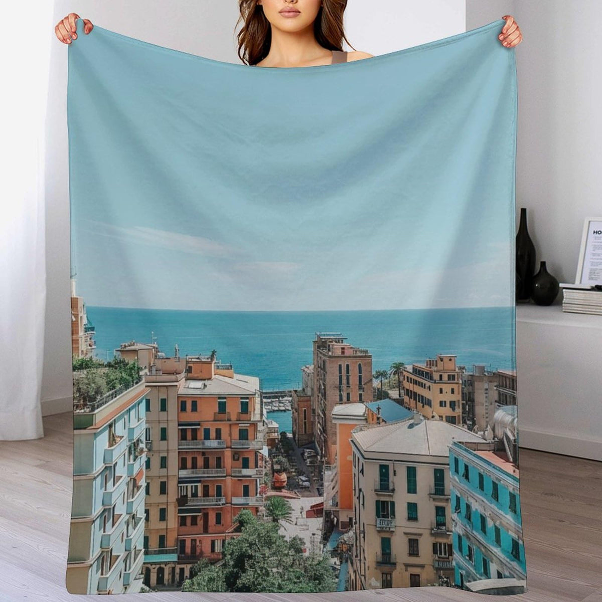HDESDIS Coastal Cityscape Throw Blanket, Soft Cozy Warm Nautical Seaside Architecture Flannel Blankets for Sofa Couch Bed, 50x60 Inch
