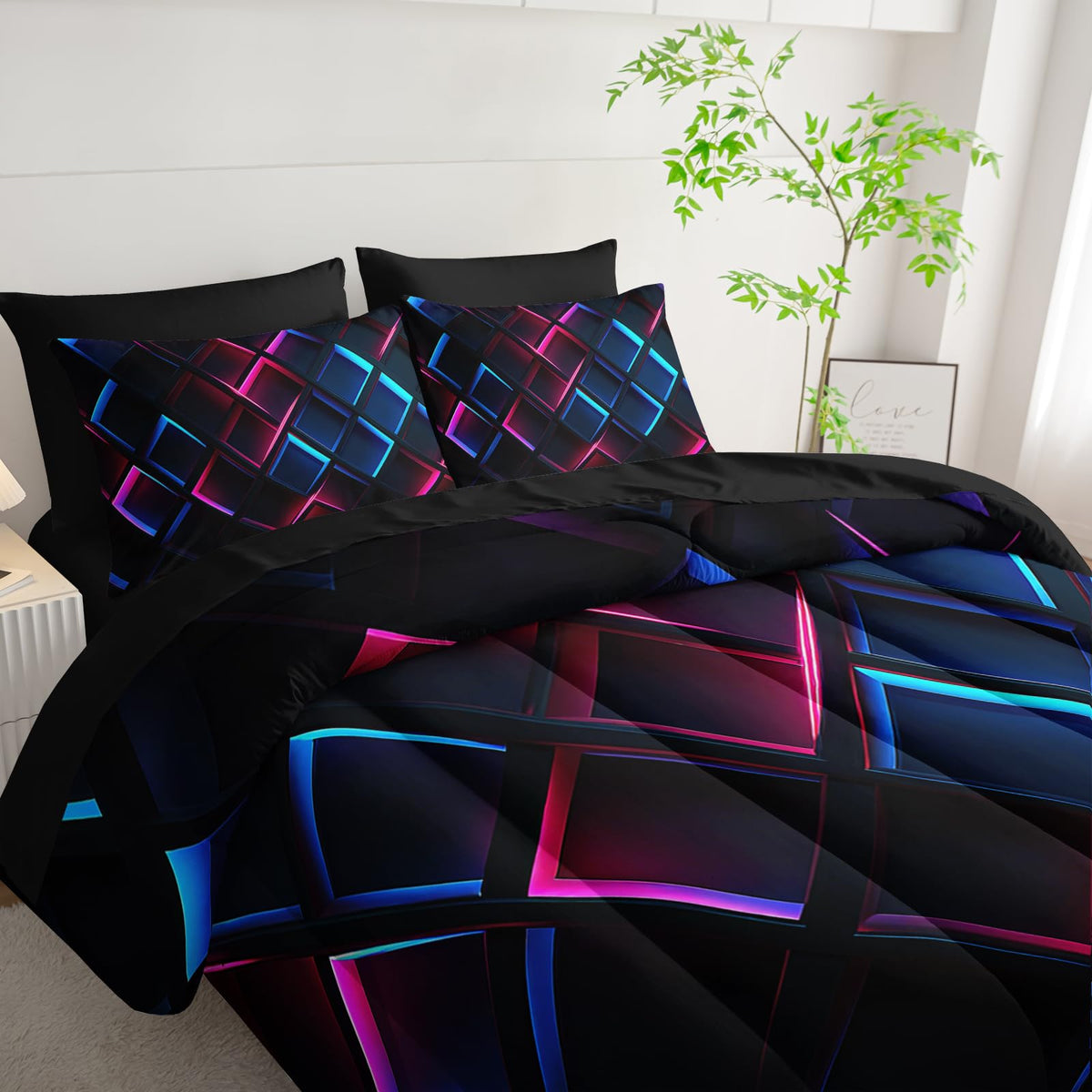 Nttopship Blue Black Geometric Comforter Set Twin Size 3D Stereoscopic Square Bedding Set Honeycomb Bedding Set 7 Pieces Modern Style Geometry Decor with Pillowcases,Flat, Fitted Sheet
