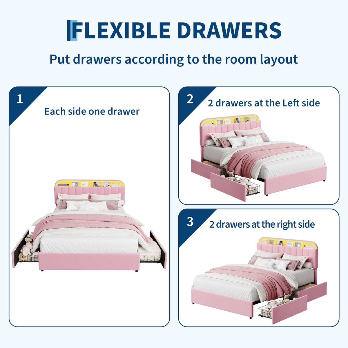 Garvee Full Size Bed Frame with 2 Flexible Drawers, Velvet Upholstered Platform Bed Frame with Bookcase Headboard and LED Lights, Kids Bed for Girls, Easy Assembly, Noise Free, Pink