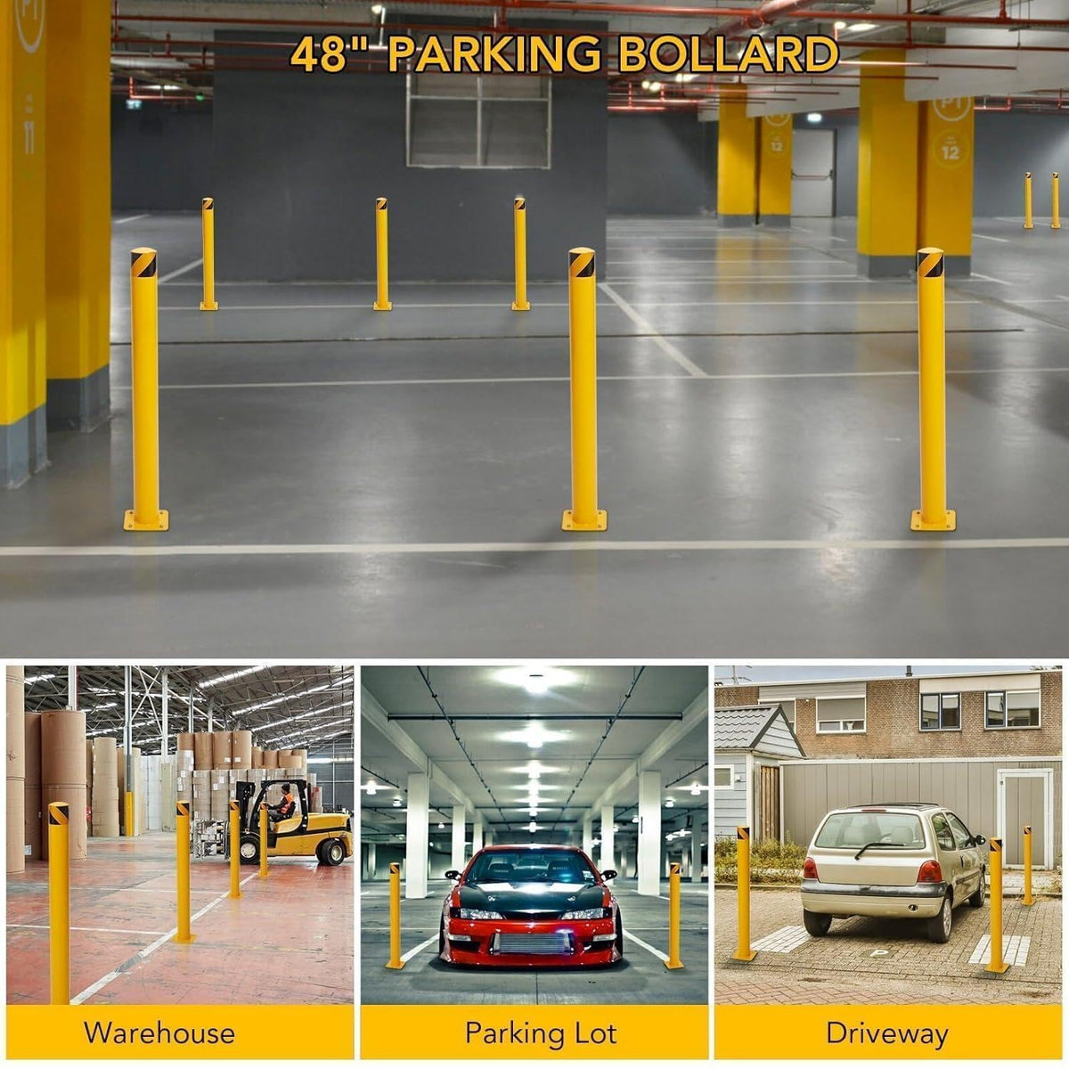4-Pack 48 Inch Steel Safety Bollards, 4.5 Inch Diameter Parking Bollard Post with 16 Anchor Bolts, Yellow Safety Steel Bollard Post for Driveway Barrier, Traffic Control & Storefront Protection
