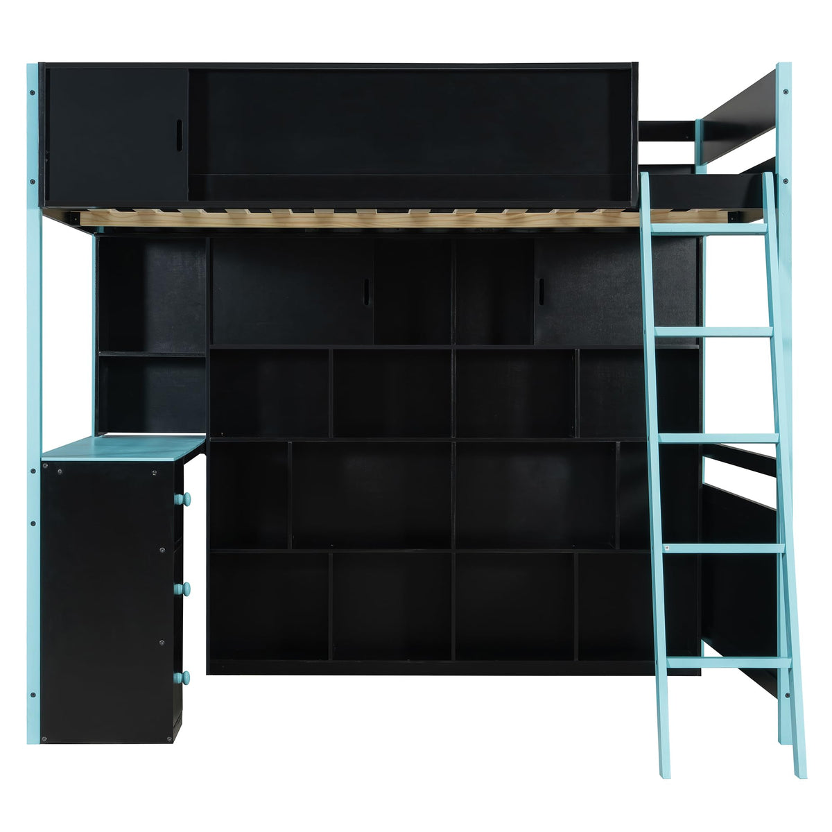 HRJHLucky Full Size Wood Gaming Loft Bed Frame with Desk, Ample Storage Space and Light for Bedroom (Blue)