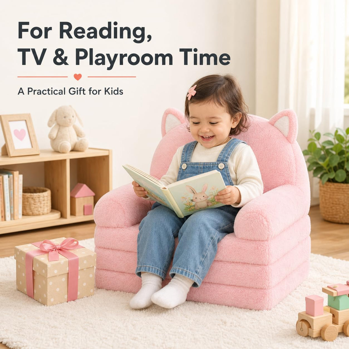 MONKISS Kids Couch, Comfy Toddler Chair, 2 in 1 Fold Out Kids Sofa, Baby Sitting Chair with Washable Cover, Toddler Furniture for Reading, TV and Playroom, Birthday Gift for Girls, 1-4 Years Old, Pink