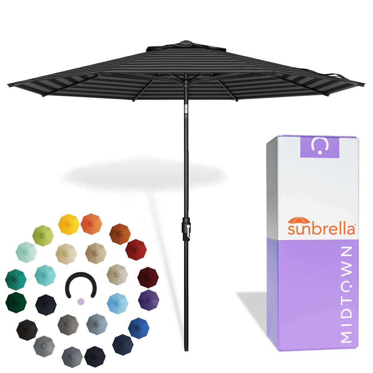 Midtown Umbrellas – The Swilt 9 Ft Patio Umbrella with 360° Swivel & Tilt Mechanism, Sunbrella Fabric & 8 Fiberglass Ribs – Outdoor Umbrella for Deck, Pool & Cafes – Black & White Canopy, Black Pole