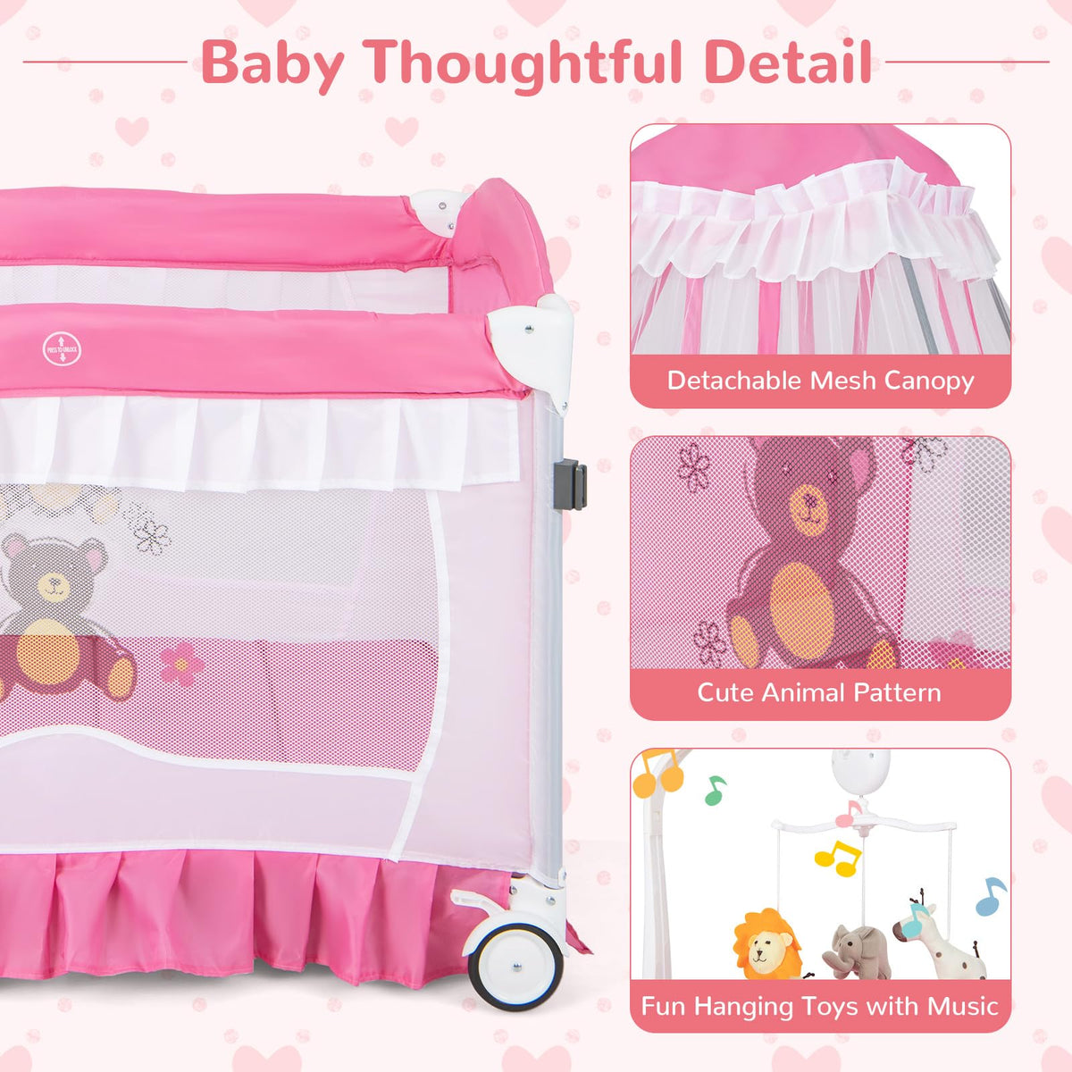 HONEY JOY 4-in-1 Pack and Play with Canopy, Portable Baby Playard w/Changing Table and Infant Bassinet, Cute Toys & Music, Foldable Bassinet for Newborn and Toddler (Hot Pink)