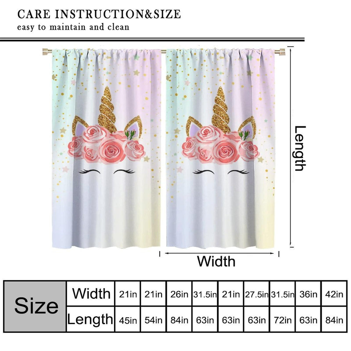 YCness Girls Unicorn Curtains Ombre Rainbow Pink Art Printed Window Drapes for Kids Children Nursery Playroom Room Decor Fabric Set 2 Panel 42x45 Inch 30% Shading Rate
