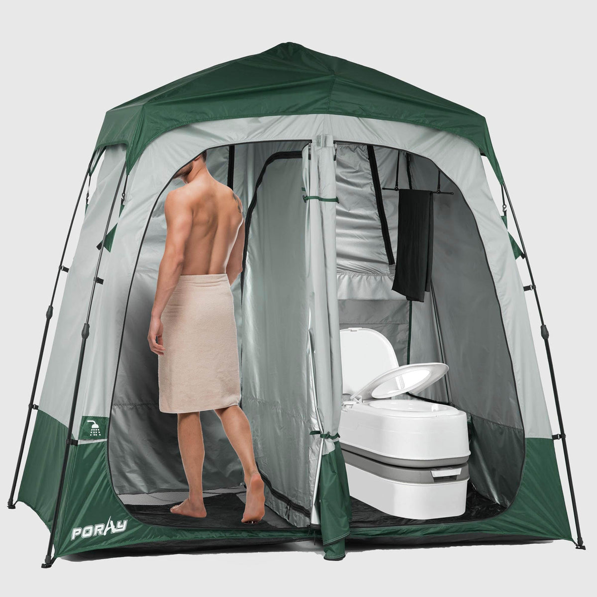 Porayhut Portable Camping Shower Tent Deluxe Changing Room Easy Set Up Privacy Shelter,Large Toilet Tent 2 Rooms with Floor Drain Design for Beach, Camping,Hiking with Stakes and Ropes for Stability