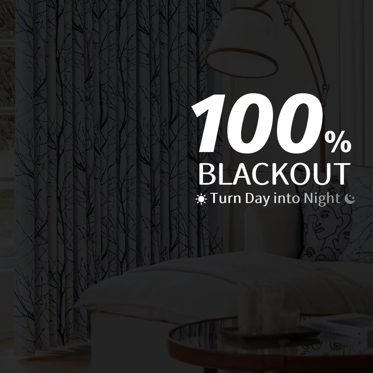 FMFUNCTEX 100% Blackout Curtains for Bedroom, Blue White Tree Branch Curtains 54 Inches Long for Living Room, Short Thermal Insulated Window Drapes for Basement, Small Windows 2 Panels Grommet Top