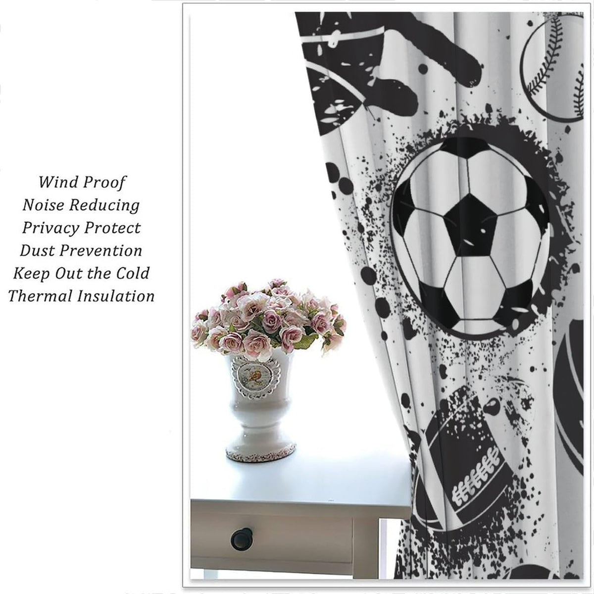Sports Themed Curtains for Boys Abstract Basketball Football Black White Grunge Window Treatments for Teens Girls Bedroom Living Room Décor Drapes 2 Panel Sets Total Size 42" x 45"