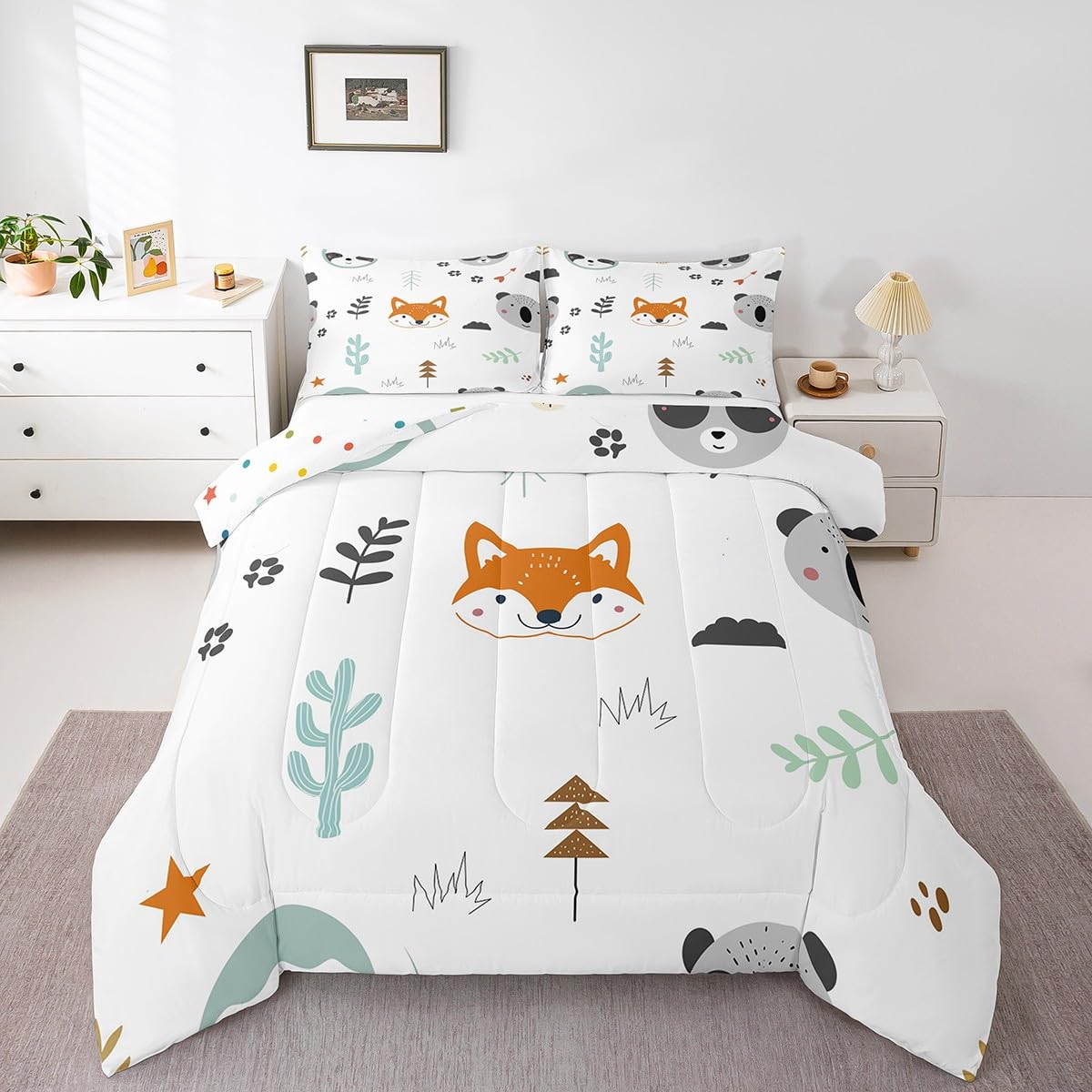 Feelyou Cute Fox Comforter Set Twin Size Cartoon Animal Bedding Set for Boys Girls Teens Bedroom Decor Zoo Animal Comforter Women Men Wildlife Duvet Set with 1 Pillow Case
