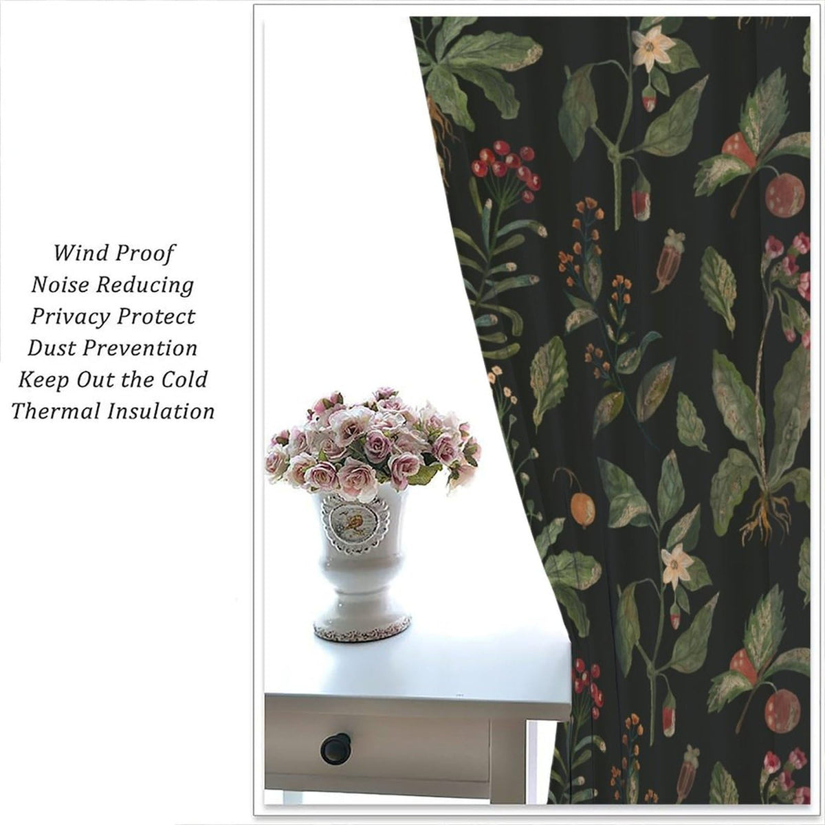 PHTAYOT Black Botanical Curtains, Botanical Green Leaves Boho Plant Flower Floral Spring for Room Window Decor, Rod Pocket Print Drapes for Living Room Bedroom Kitchen 2 Panel Set 20.5" W X 45" L