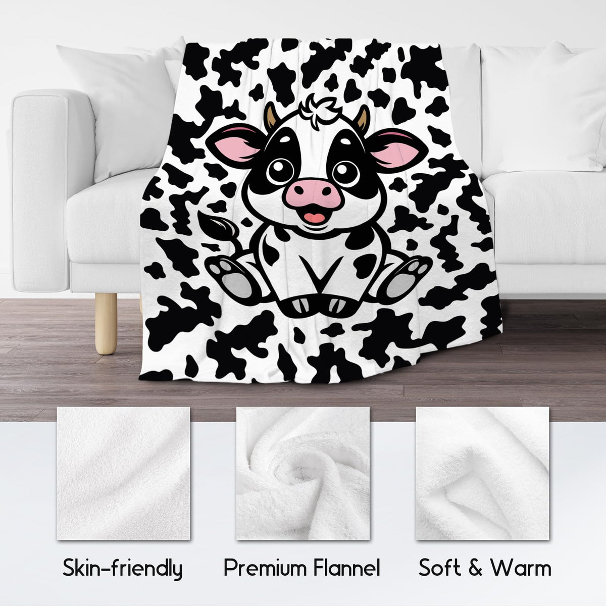 Cow Blanket, Cozy Soft Throw Gifts for Kids, Cute White Flannel Throw Blankets for Couch Office, 30x40 Inches
