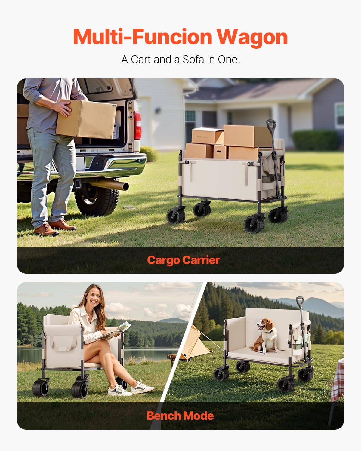 VEVOR 3-in-1 550lbs/220L Large Collapsible Folding Wagon, Convert to Bench, Foldable Beach Wagon with Wheels for Sand, Outdoor Utility Wagon for Groceries, Camping, Sports, Shopping