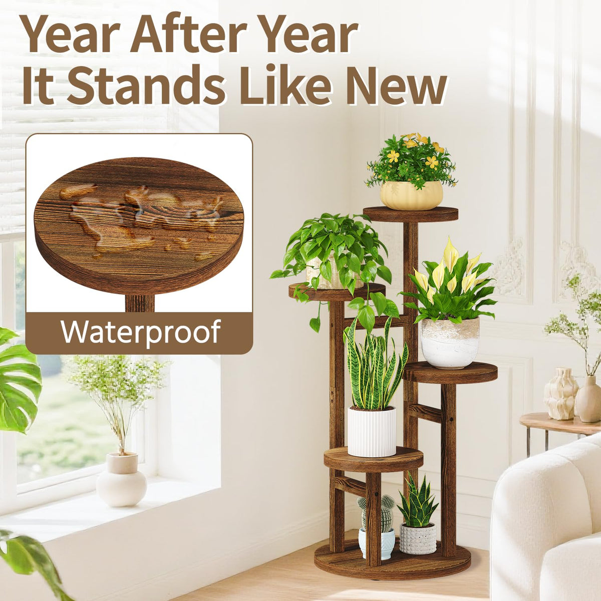 LASZOLA 4 Tiered Wood Plant Stand Indoor Corner, Flower Holder Rack Tall for Multiple Plants, Rustic Planter Shelf Display for Patio Garden Balcony Living Room