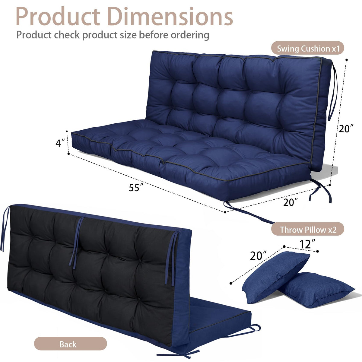 Kerkrot Porch Swing Cushions, Waterproof & Fade Resistant Outdoor Swing Cushion 55 Inch, Swing Cushions 3 Seater Replacement for Outdoor Furniture, Patio, Garden (Navy, 55 x 40 inch)