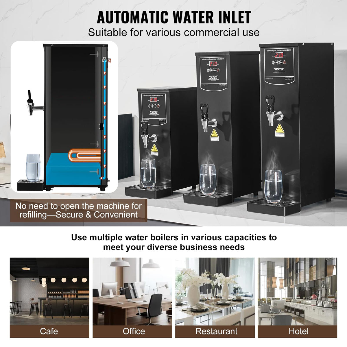 VEVOR Commercial Water Boiler, 20L Electric Hot Water Dispenser with 316 Stainless Steel Heating Tube, 1500W Step-by-step Fast Heating 50L/H Hot Water Boiler, for Coffee Tea Restaurant Office