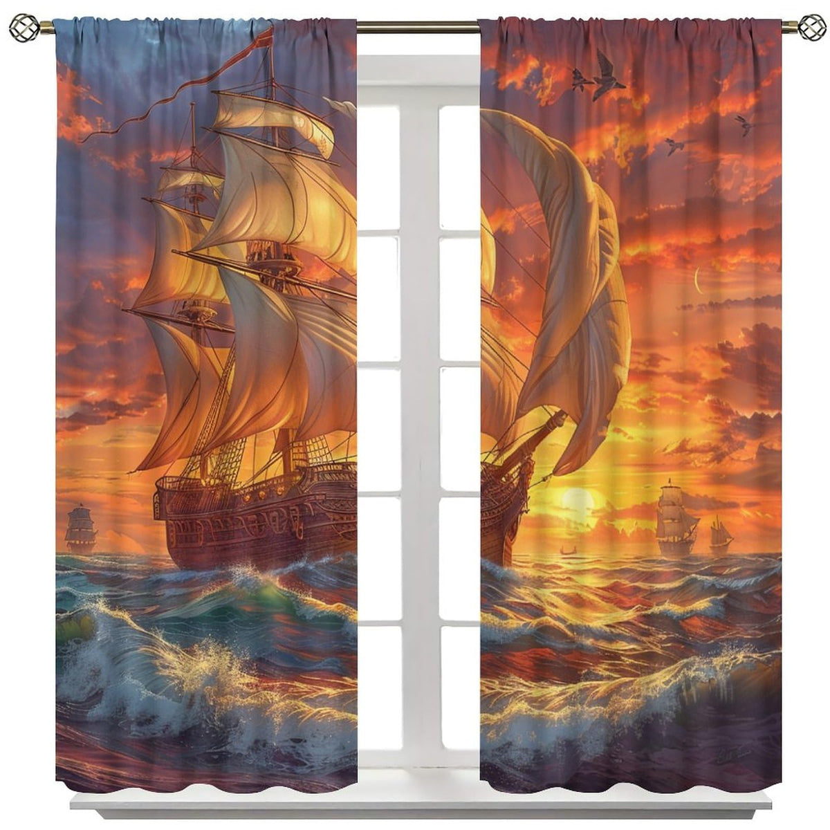 TOWINSFB Fine Sailboat Ship Ocean Blackout Curtains for Living Room Bedroom, Nature Landscape Window Curtains Rod Pocket Thermal Insulated Window Drapes, 2 Panels, Each 21" W x 63" L