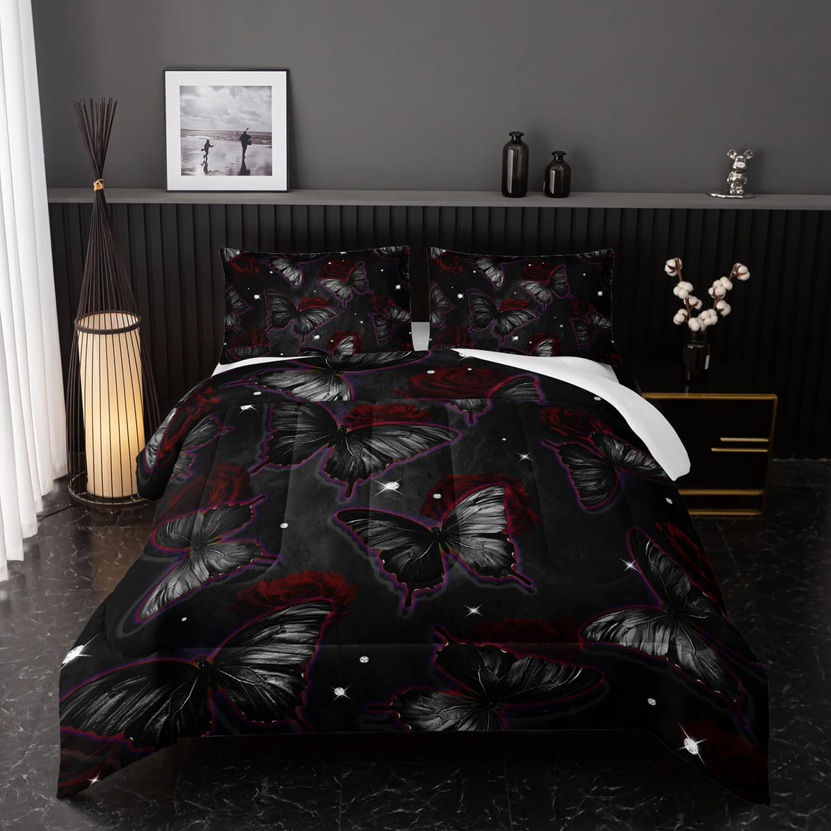 Black Butterfly Comforter Sets Twin Size, Black Butterfly Flowers 3D Animal Pattern Kids Bedding Sets for Girls Teens 3 Piece Bedroom Decor Comforter with 2 Pillowcases