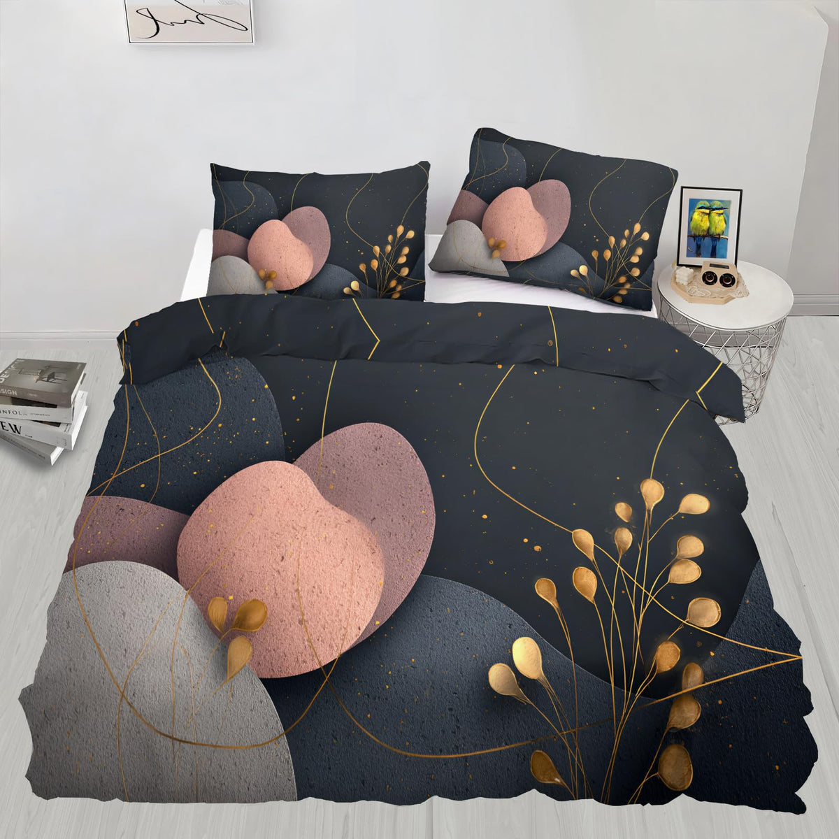ZAOMIR Mid Century Modern Abstract Duvet Cover Queen Size, Dark Gray Black Rose Pink Geometric Bedding Set 3 Piece, Abstract Geometric Botanical Patterned Comforter Cover with Zipper, 2 Pillowcases