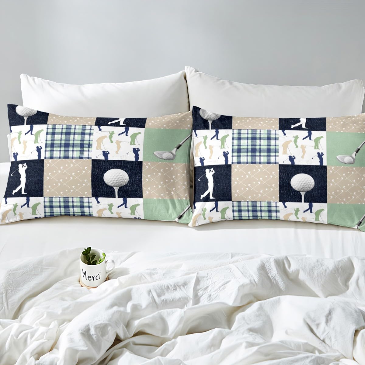 Castle Fairy Golf Plaid Bed Sheet Set Twin Size,Kids Ball Sports Lover Style Sheet Set Room Decor,Green Buffalo Grid Geometric Bedding Set for Boys Teens,(1 Fitted+1 Flat+1 Pillowcase)