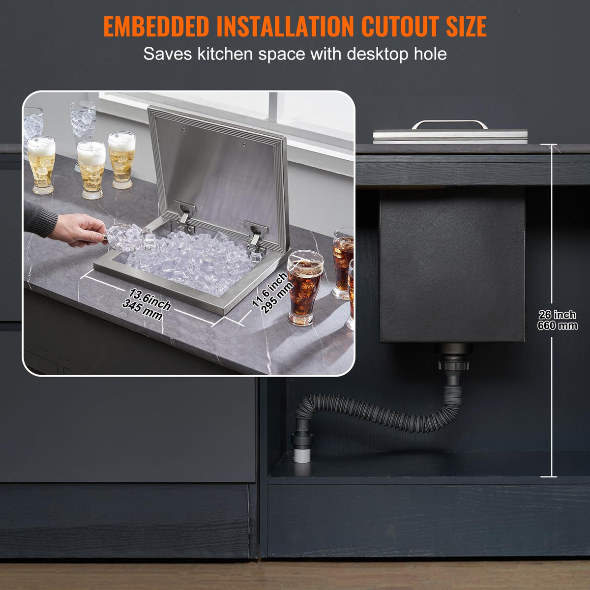 VEVOR Drop in Ice Chest, 14" L x 12" W x 18" H Stainless Steel Ice Cooler, Commercial Ice Bin with Hinged Cover, 40 qt Outdoor Kitchen Ice Bar, Drain-Pipe and Drain Plug Included, for Cold Wine Beer