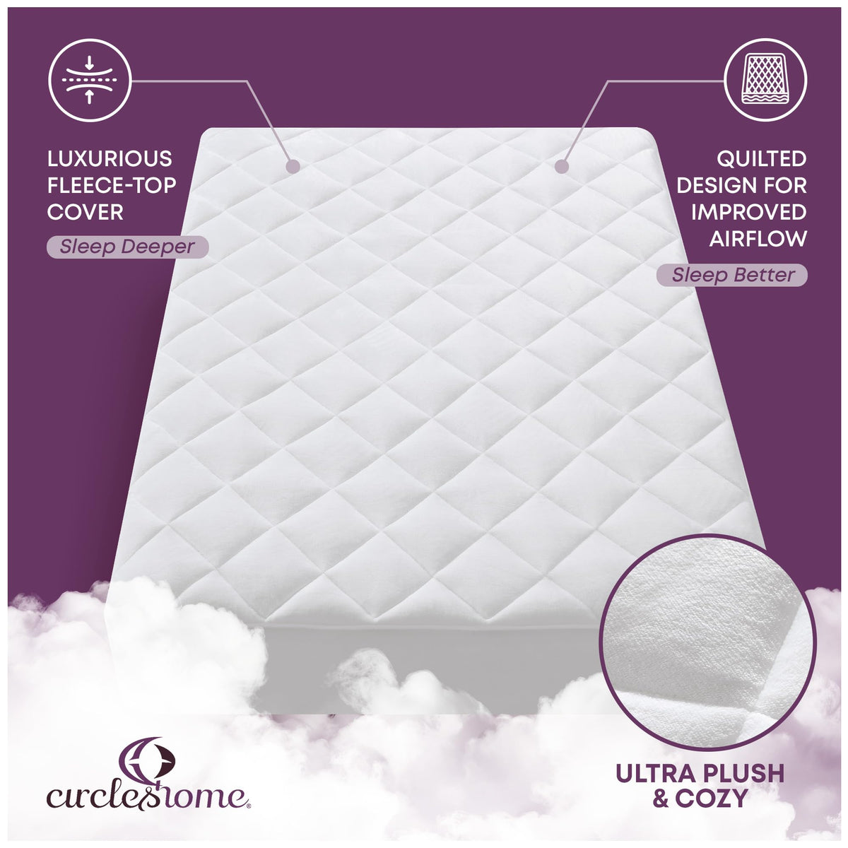 CirclesHome Cot Size Mattress Pad Pillow Top - Double Puff Fleece Top UltraPlush Down Alternative Mattress Protector -Soft, Comfortable, and Hypoallergenic - Stretches from 14-16 inches for Snug Fit