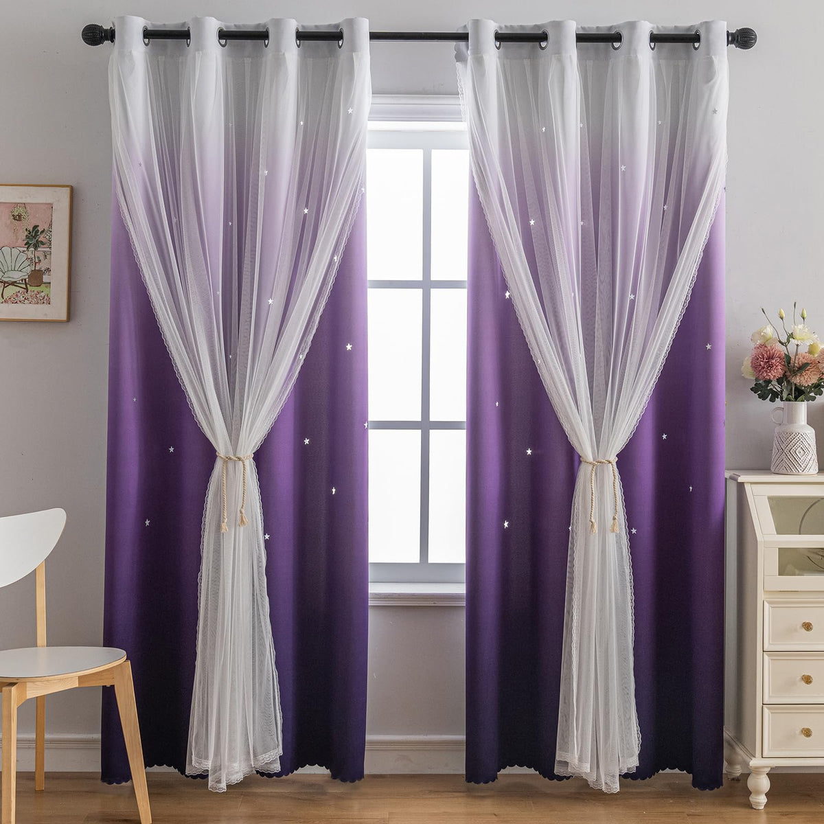 indistar Colourful Stripe Star Cut-Out Blackout Curtains for Bedroom,2 Layers Mix Design of Fabric & Tulle,Pretty Window Curtain for Kids Room 1 Panel (W52 x L72 Dark Purple)