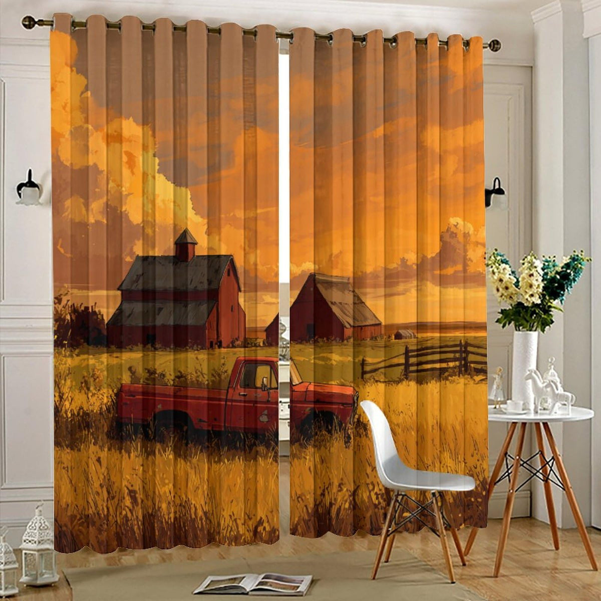 NAQSKQF Farmhouse Red Truck Barn Sunset Blackout Curtains, Grommet Thermal Insulated Window Drapes, Vintage Wheat Cloud Fence Print for Bedroom Living Room, 21W x 45L Per Panel, Set of 2 Panels