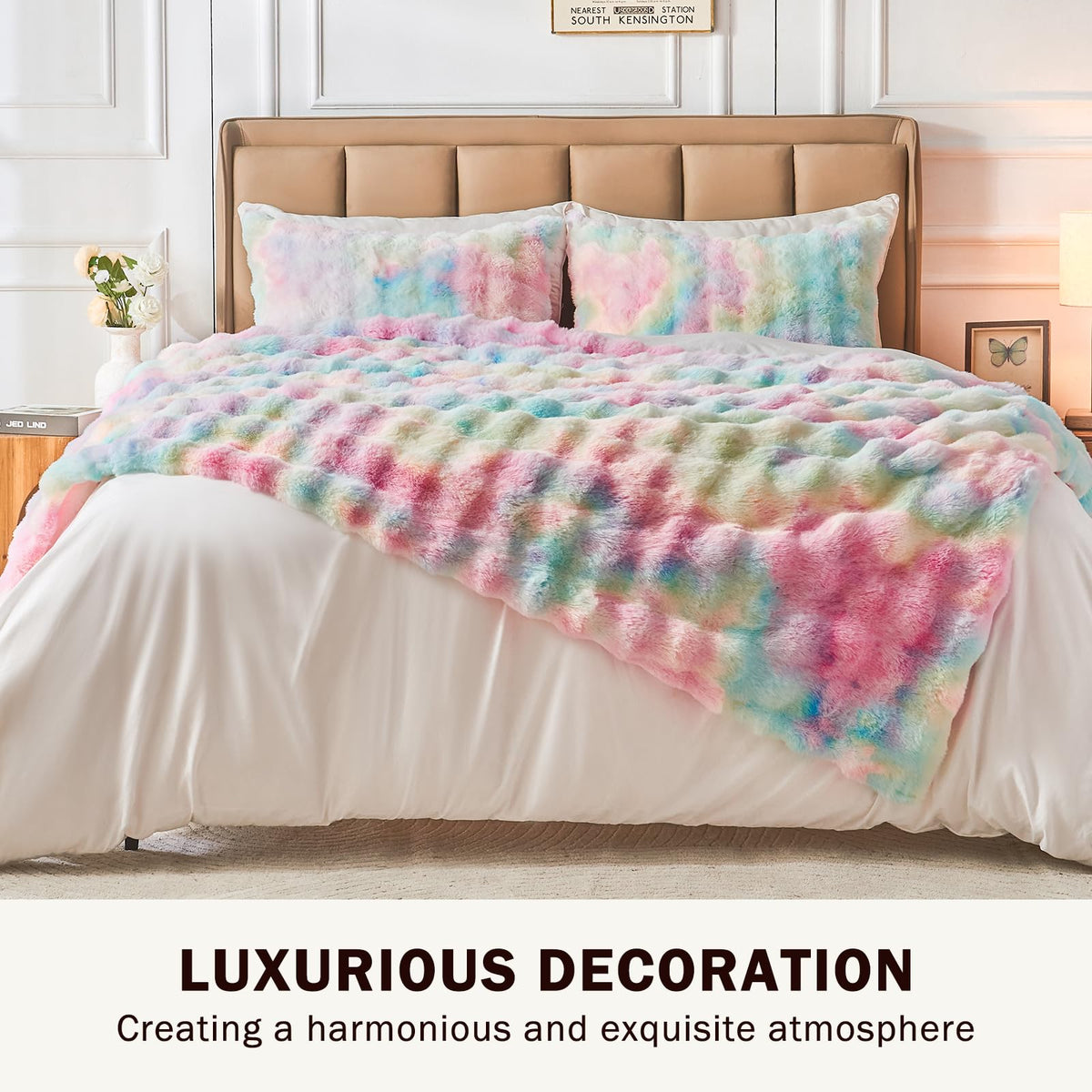 EMME Faux Fur Blanket King Size Rainbow - Big Bubble Rabbit Cozy Blanket for Couch, Thick Furry Plush Shaggy Blankets, 650GSM, 108x90 Inches