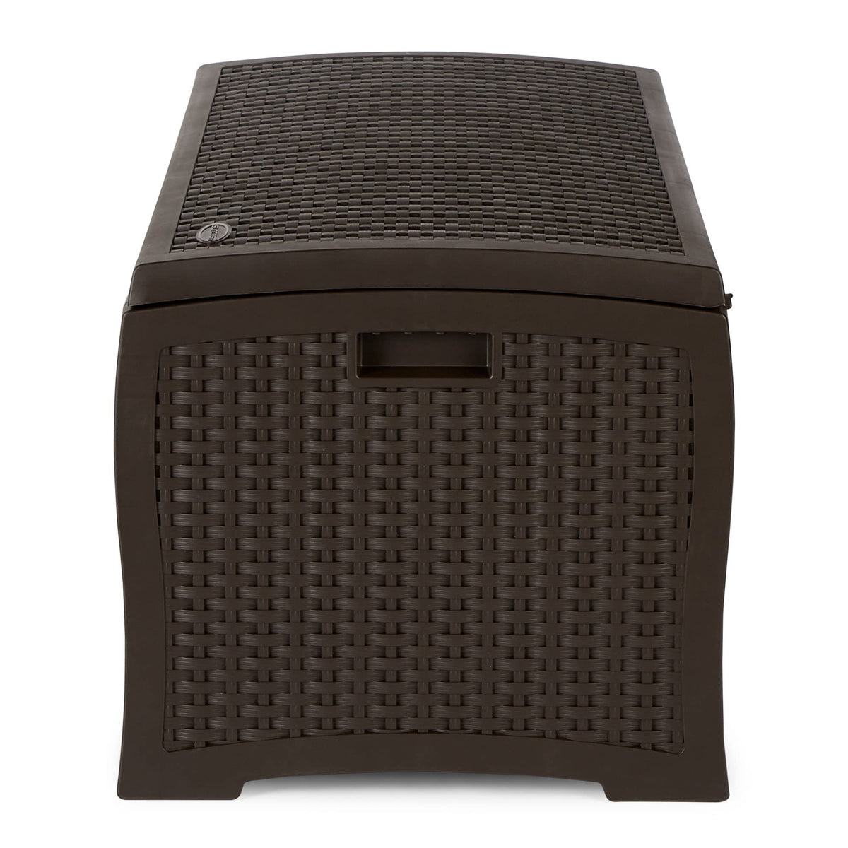 Suncast Outdoor Storage Box - 73 Gallon Mocha Brown Deck Box for Patio, weather-resistant Outdoor Storage Bench, Resin Wicker Style, Heavy-Duty, Lockable Lid for Cushions, Shoes, Pool & Garden Gear